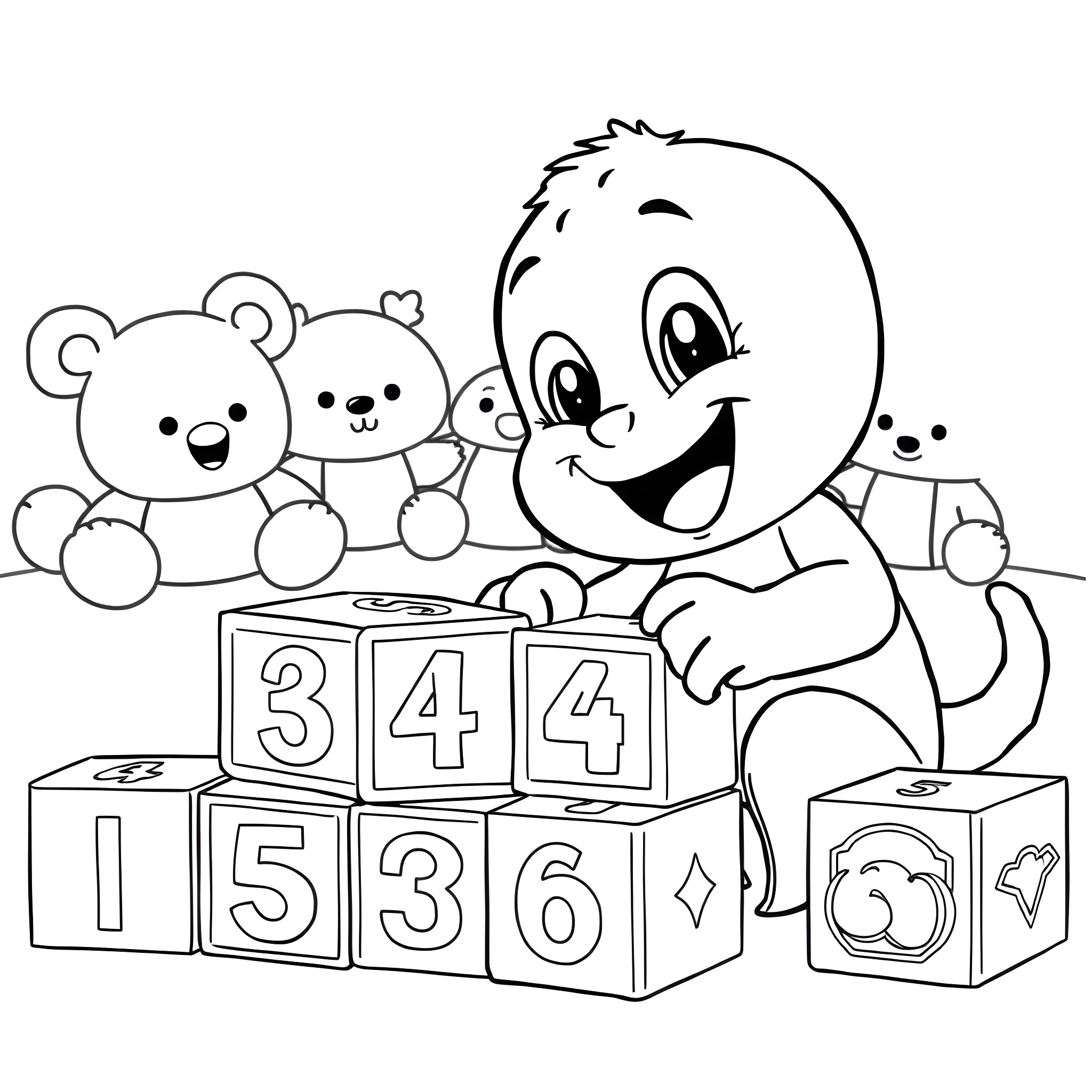 Bluey playing with toys and blocks happily Coloring Page (free black-and-white line drawing printable PDF for all, from beginners to advanced learners, including children, teens, adults, and seniors)