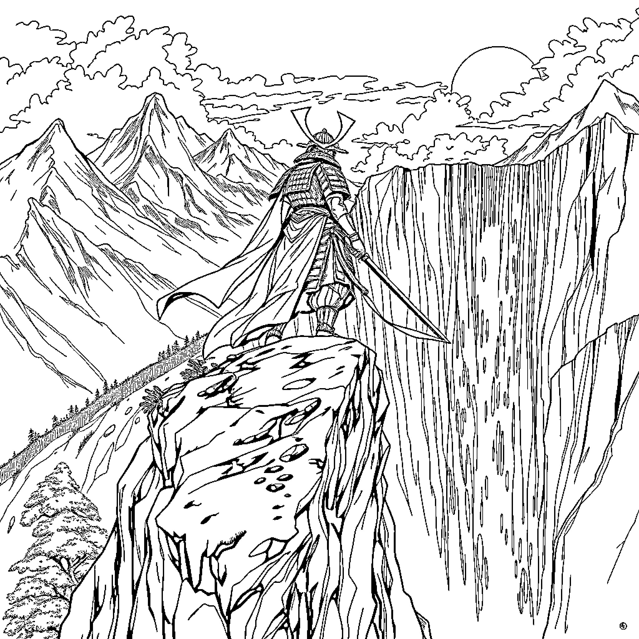 Samurai warrior overlooking a majestic mountain landscape Coloring Page (free black-and-white line drawing printable PDF for all, from beginners to advanced learners, including children, teens, adults, and seniors)