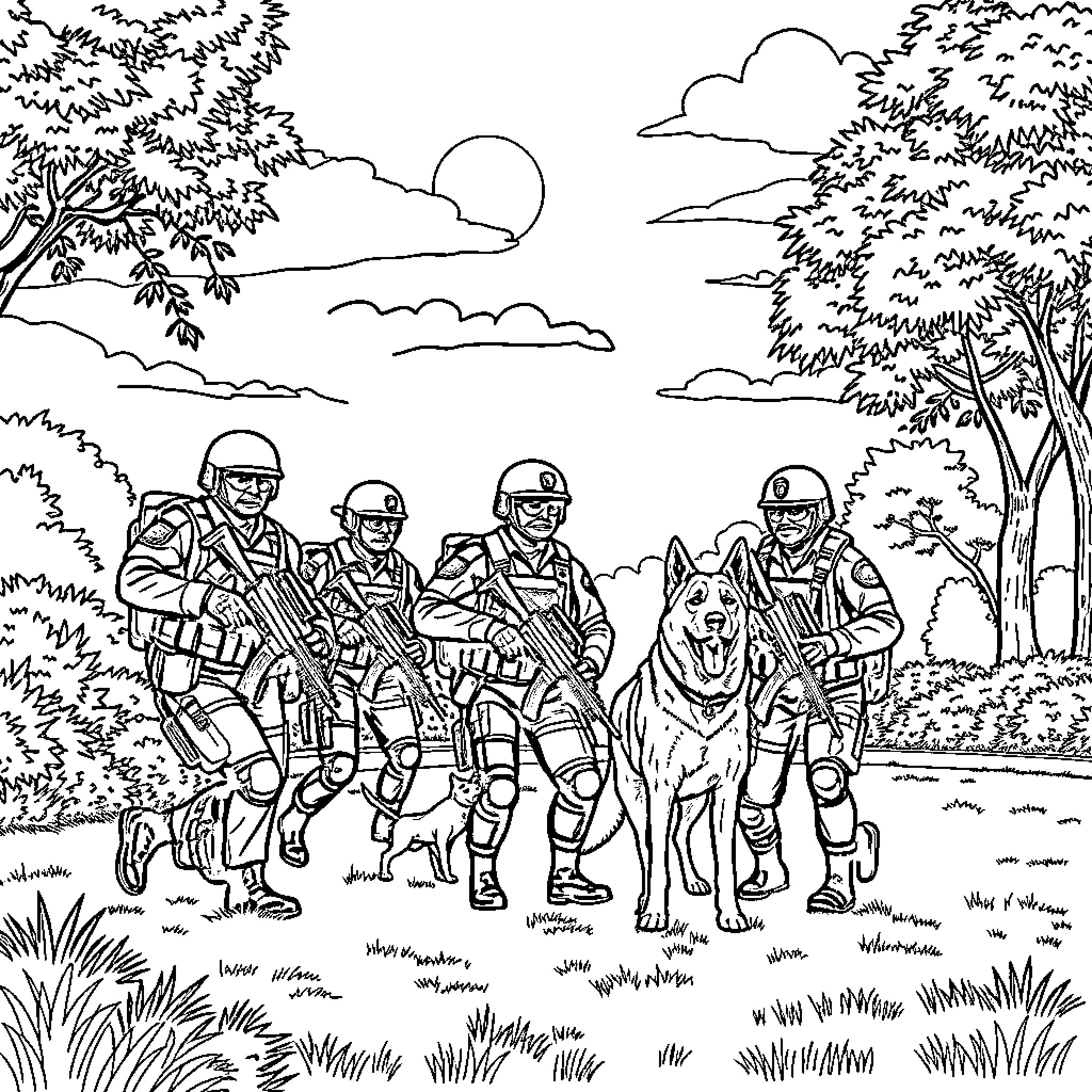 Swat team in action in natural setting Coloring Page (free black-and-white line drawing printable PDF for all, from beginners to advanced learners, including children, teens, adults, and seniors)