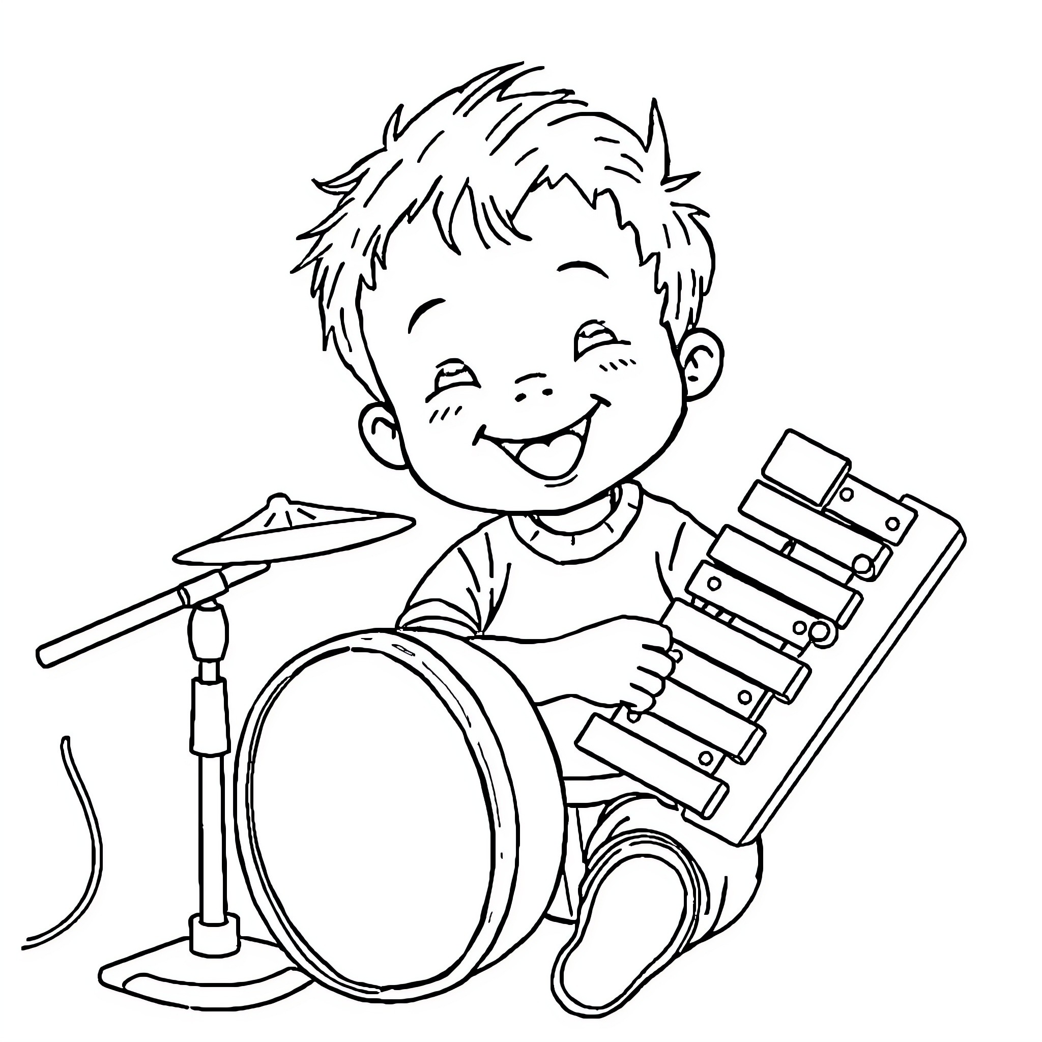 Kid playing drums with excitement Coloring Page (free black-and-white line drawing printable PDF for all, from beginners to advanced learners, including children, teens, adults, and seniors)