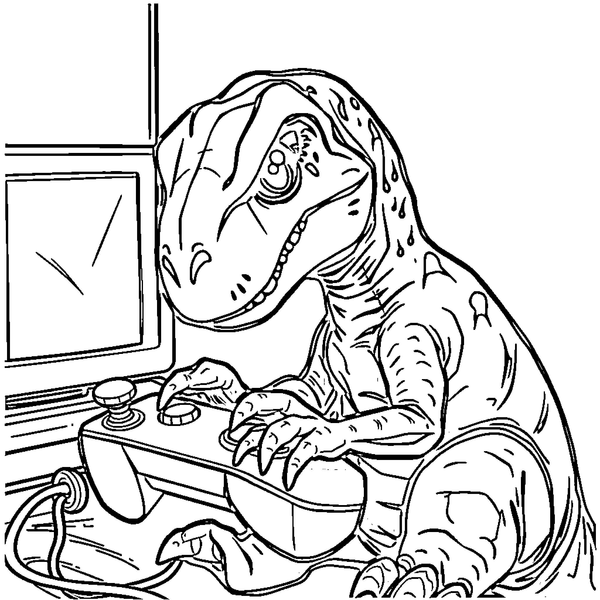 Velociraptor playing video game intently Coloring Page (free black-and-white line drawing printable PDF for all, from beginners to advanced learners, including children, teens, adults, and seniors)