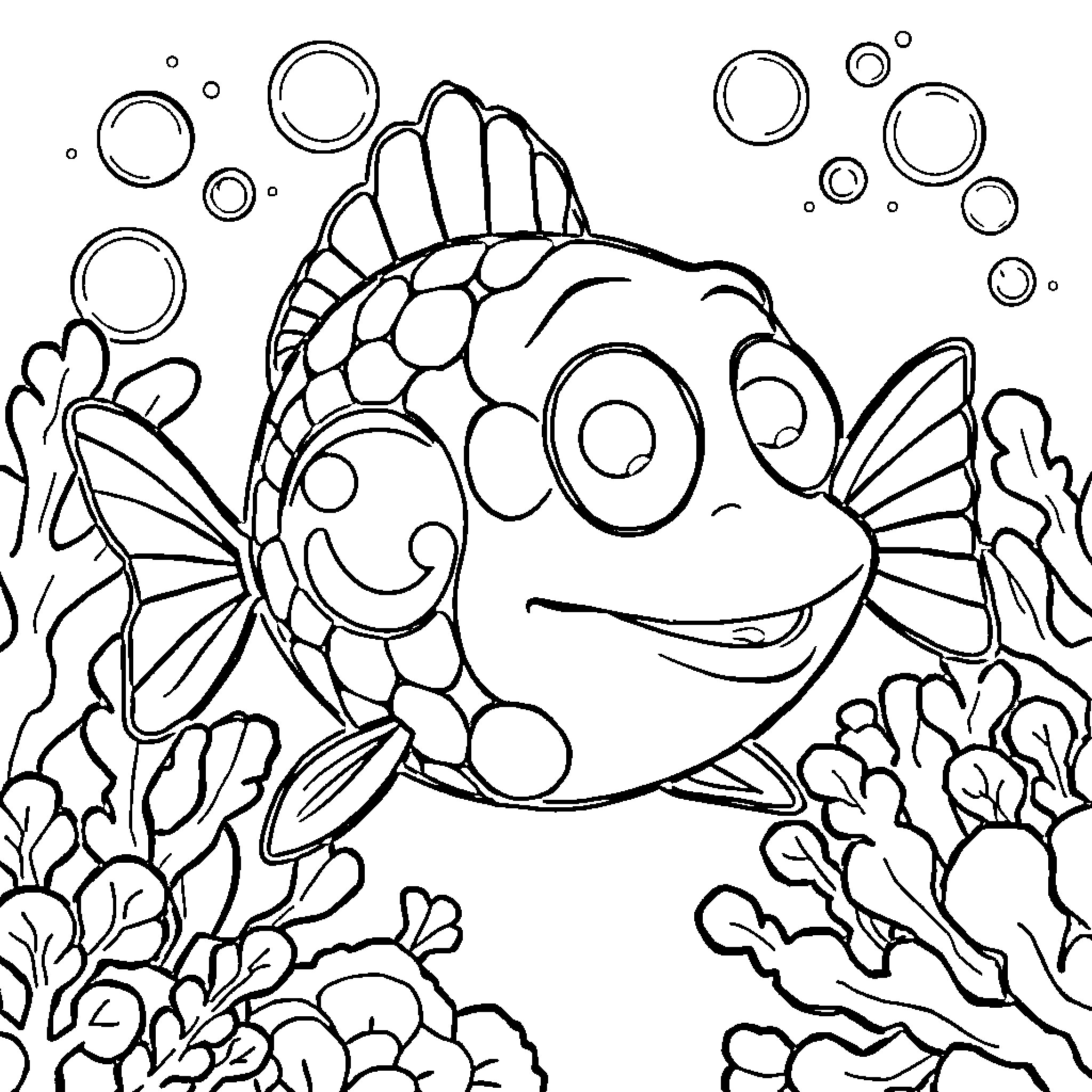 Fish frolicking joyfully in the underwater world Coloring Page (free black-and-white line drawing printable PDF for all, from beginners to advanced learners, including children, teens, adults, and seniors)