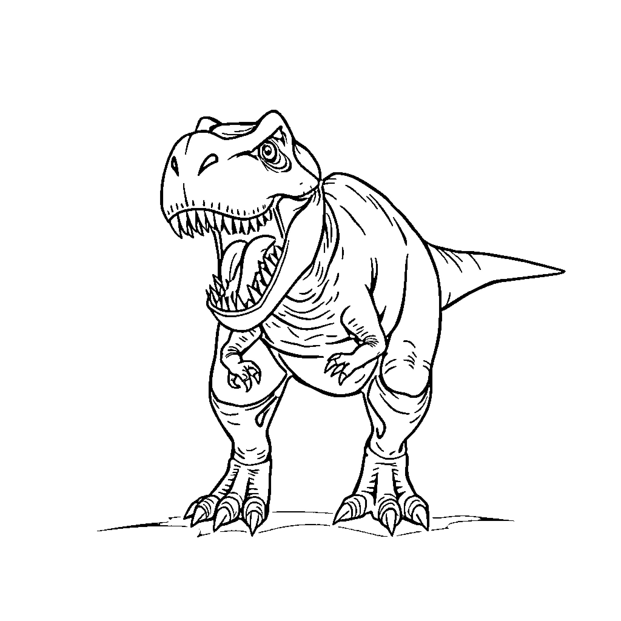 T-Rex Roaring Fiercely Coloring Page (free black-and-white line drawing printable PDF for all, from beginners to advanced learners, including children, teens, adults, and seniors)