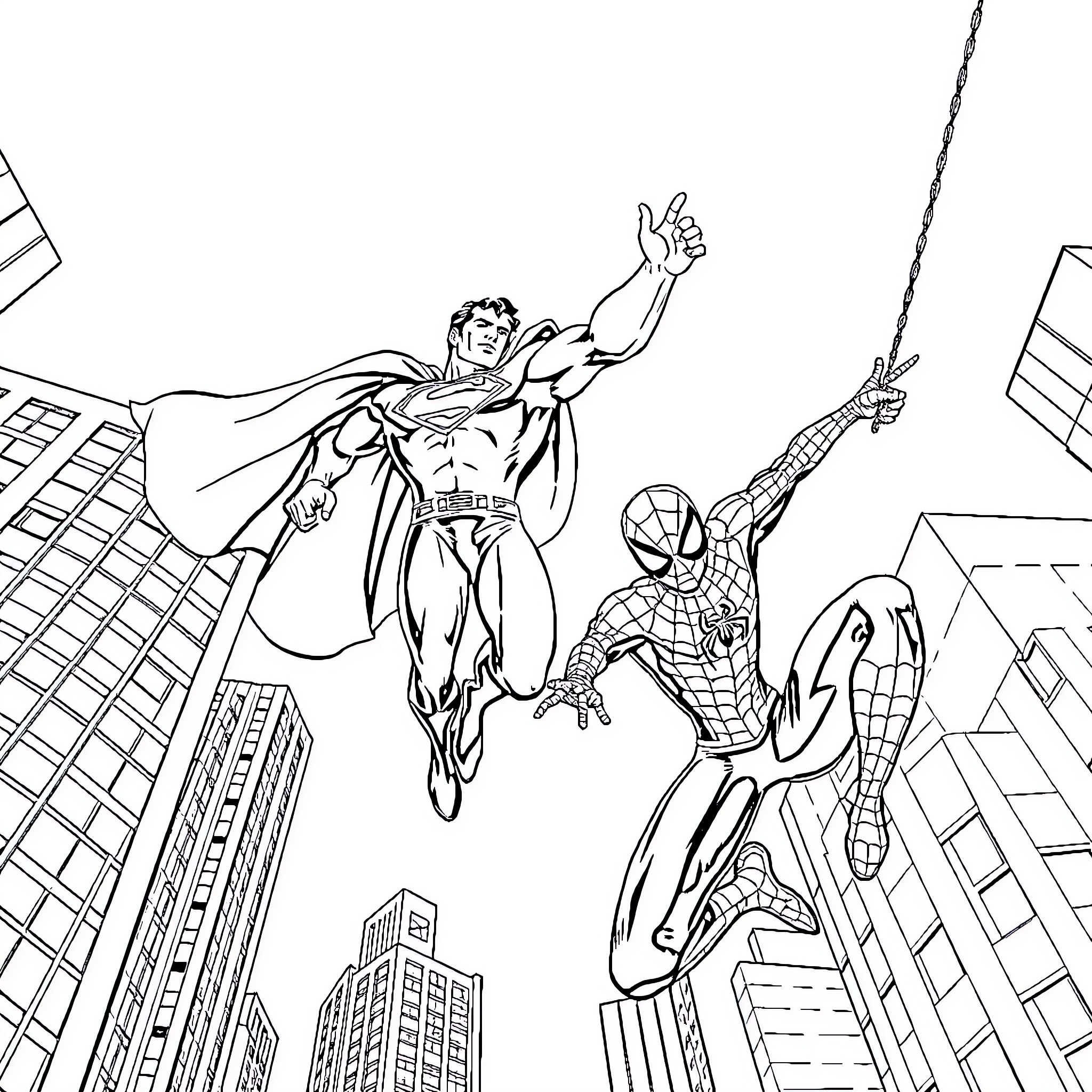 Superman and Spider-Man saving the city Coloring Page (free black-and-white line drawing printable PDF for all, from beginners to advanced learners, including children, teens, adults, and seniors)