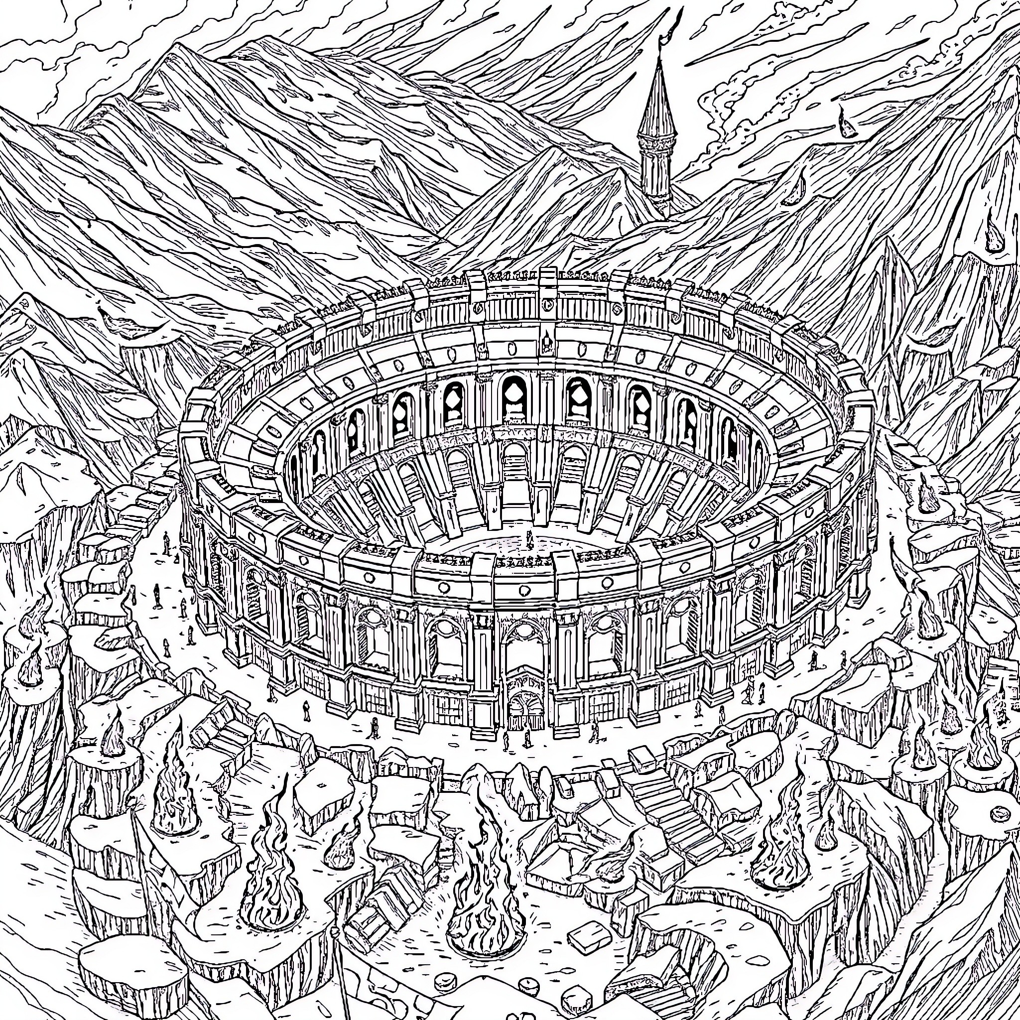 Coliseum of the Ancient Ruins Coloring Page (free black-and-white line drawing printable PDF for all, from beginners to advanced learners, including children, teens, adults, and seniors)
