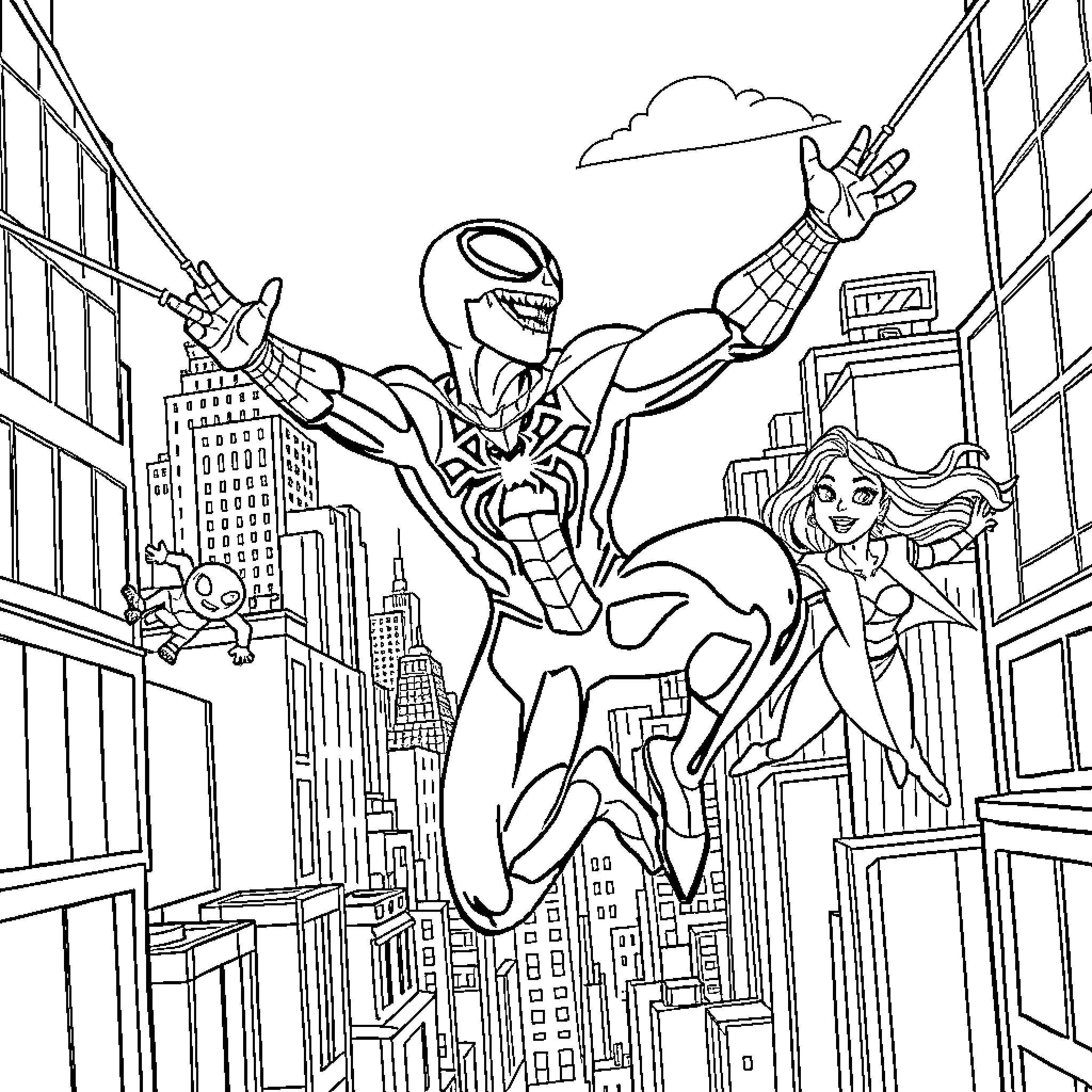 Spider hero swinging through the city with sidekick Coloring Page (free black-and-white line drawing printable PDF for all, from beginners to advanced learners, including children, teens, adults, and seniors)