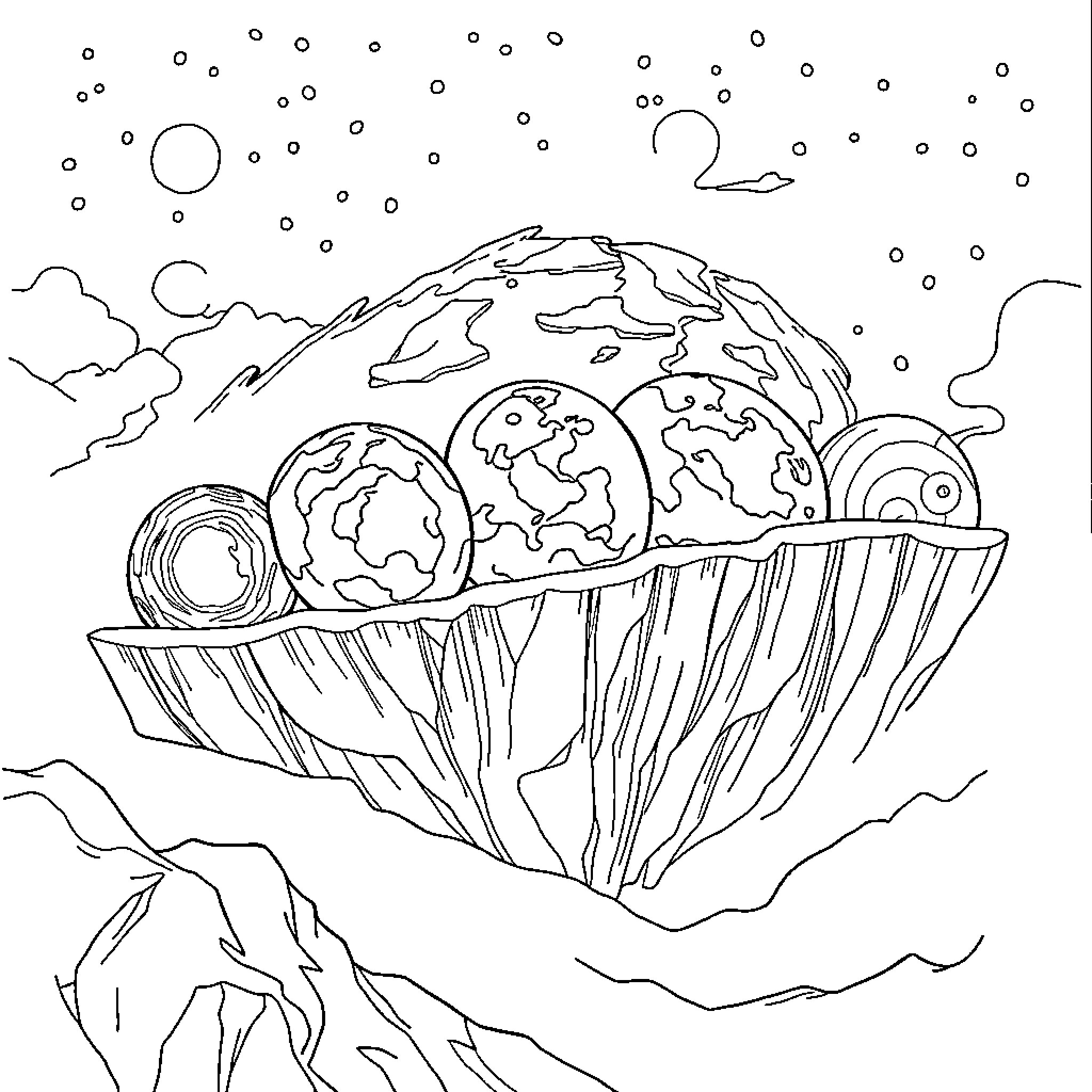 Creation of a Surreal Cosmic Landscape Coloring Page (free black-and-white line drawing printable PDF for all, from beginners to advanced learners, including children, teens, adults, and seniors)
