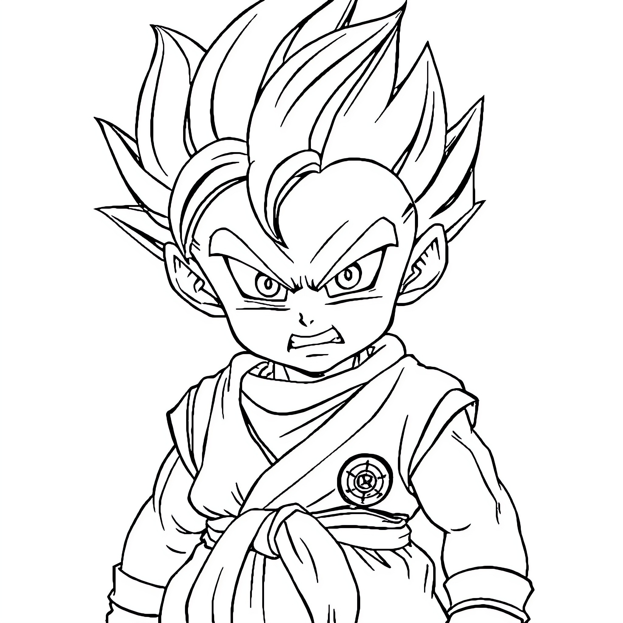 Baby Gohan in fighting stance with determined expression Coloring Page (free black-and-white line drawing printable PDF for all, from beginners to advanced learners, including children, teens, adults, and seniors)