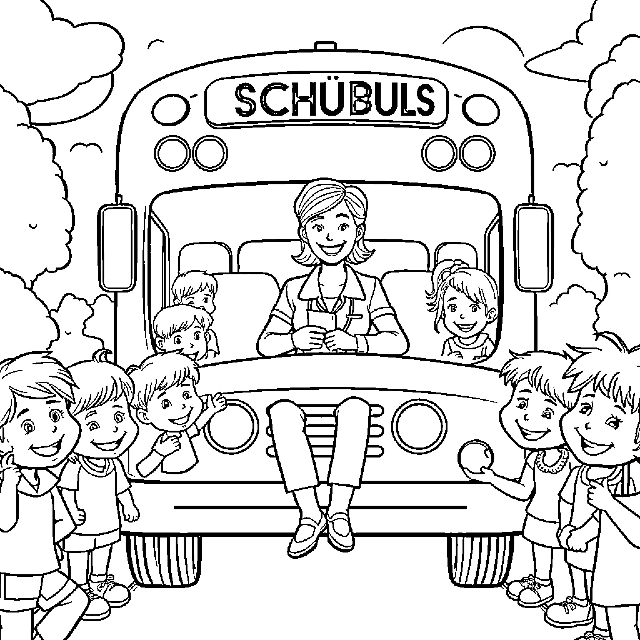 Teacher and students on a school bus Coloring Page (free black-and-white line drawing printable PDF for all, from beginners to advanced learners, including children, teens, adults, and seniors)