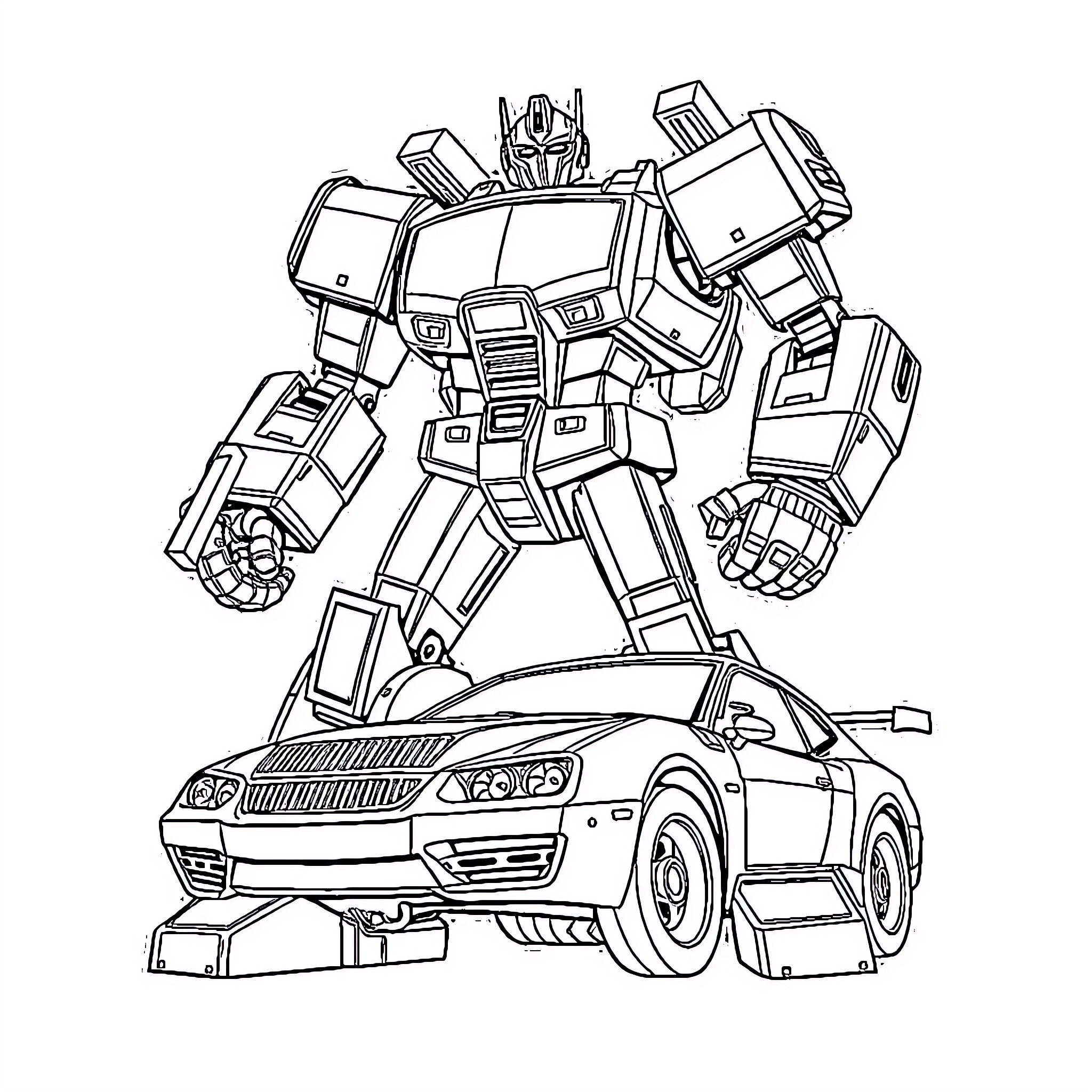 Transformer robot ready for action with sports car Coloring Page (free black-and-white line drawing printable PDF for all, from beginners to advanced learners, including children, teens, adults, and seniors)