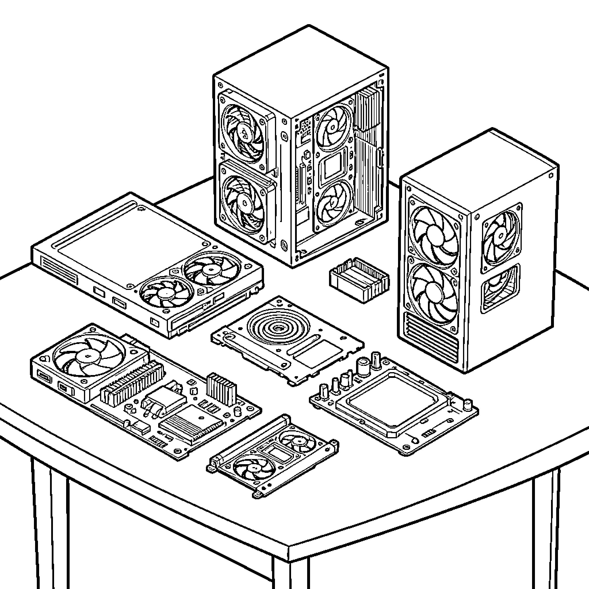 Computadora: Componentes de hardware de computadora en una mesa Coloring Page (free black-and-white line drawing printable PDF for all, from beginners to advanced learners, including children, teens, adults, and seniors)