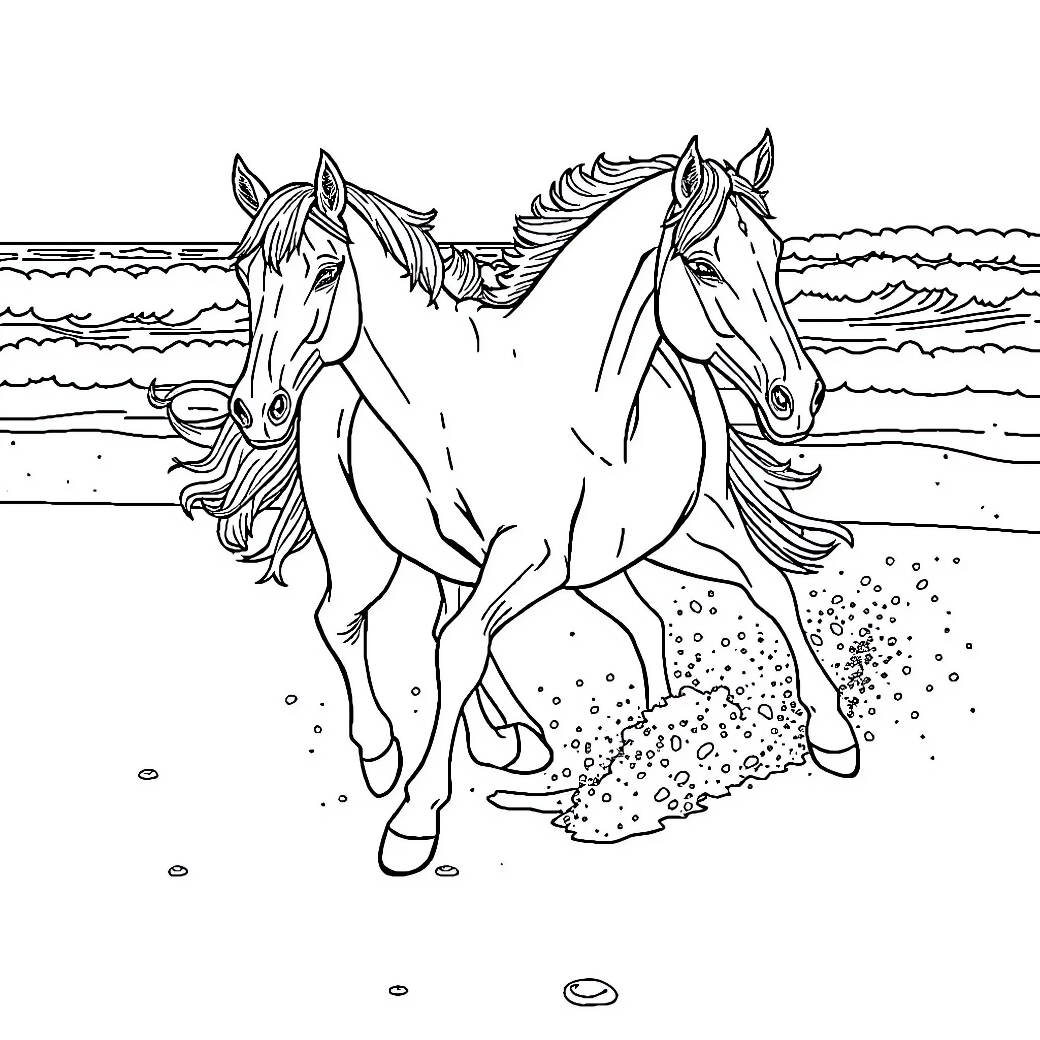 Horses running playfully on the beach Coloring Page (free black-and-white line drawing printable PDF for all, from beginners to advanced learners, including children, teens, adults, and seniors)