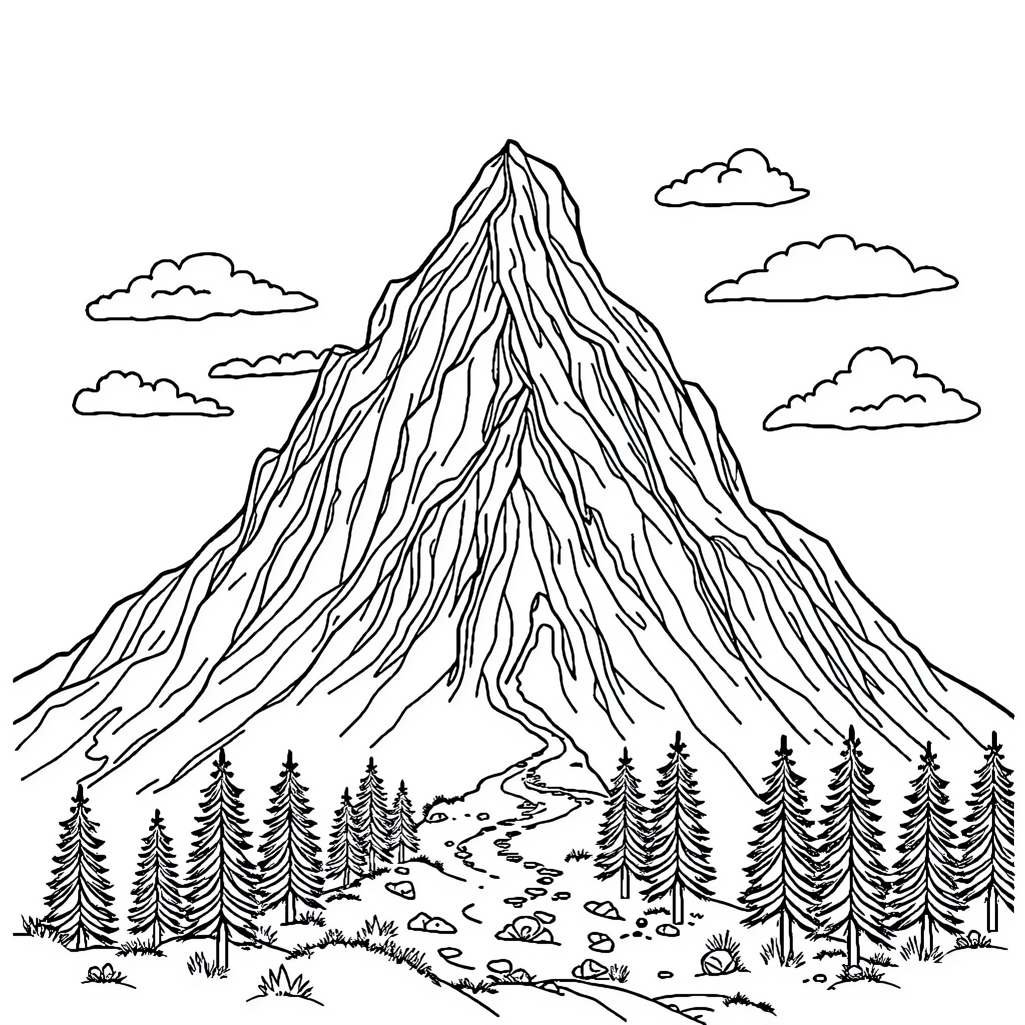 Mountain scenery with winding path and pine forest Coloring Page (free black-and-white line drawing printable PDF for all, from beginners to advanced learners, including children, teens, adults, and seniors)