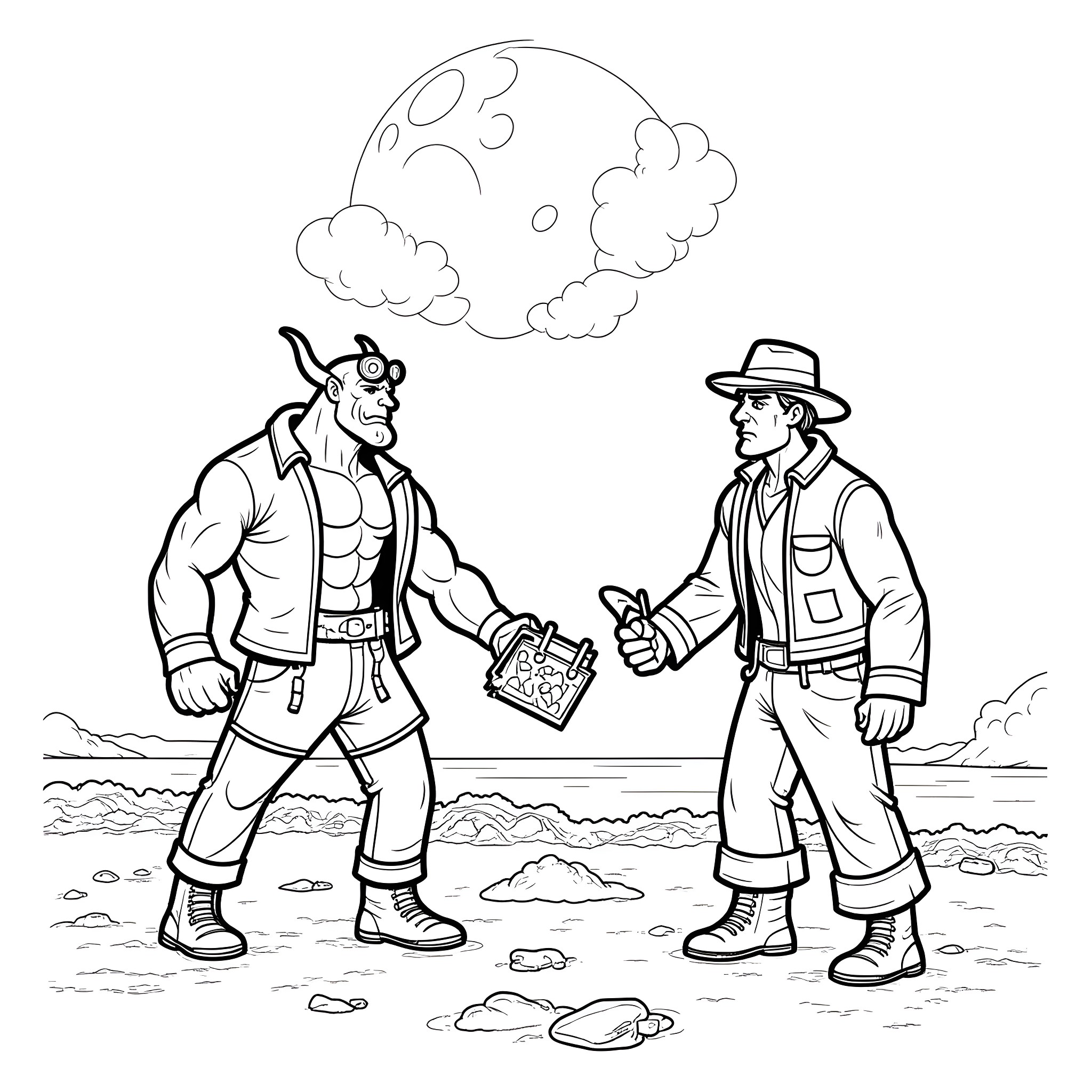 Hellboy and the cowboy meet in the desert Coloring Page (free black-and-white line drawing printable PDF for all, from beginners to advanced learners, including children, teens, adults, and seniors)