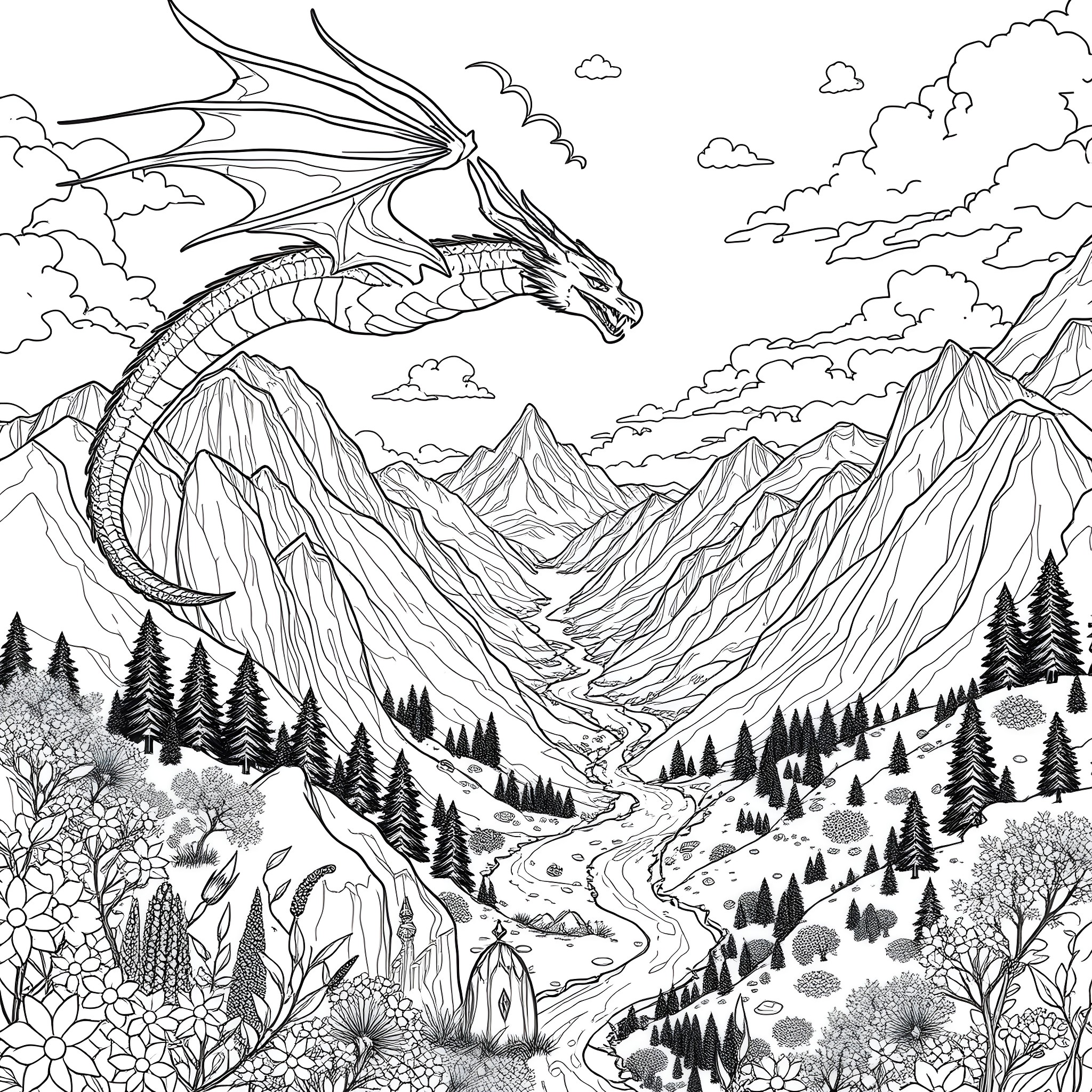 Dragon soaring over a majestic mountain landscape Coloring Page (free black-and-white line drawing printable PDF for all, from beginners to advanced learners, including children, teens, adults, and seniors)