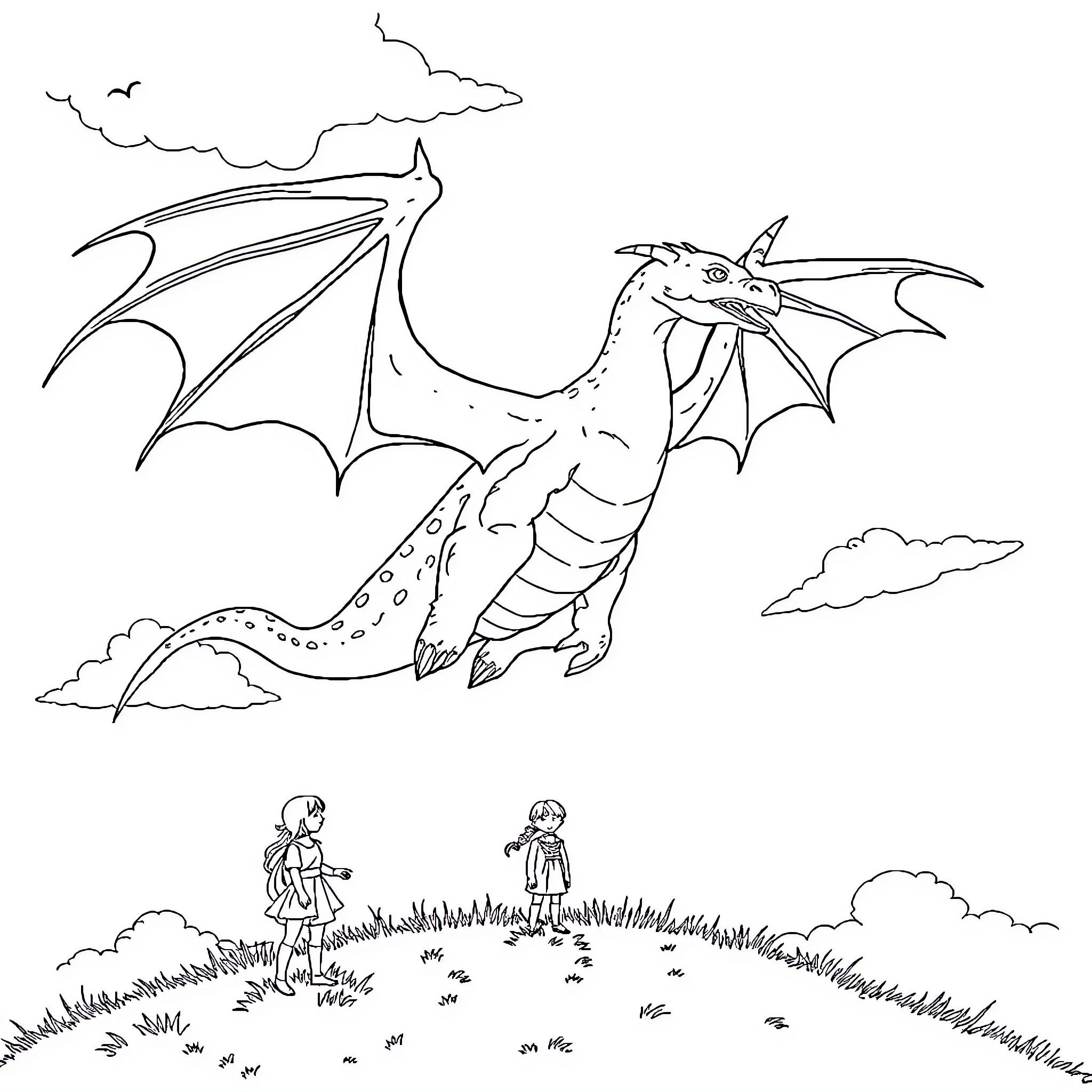 Dragon soaring through cloudy skies above children in nature Coloring Page (free black-and-white line drawing printable PDF for all, from beginners to advanced learners, including children, teens, adults, and seniors)