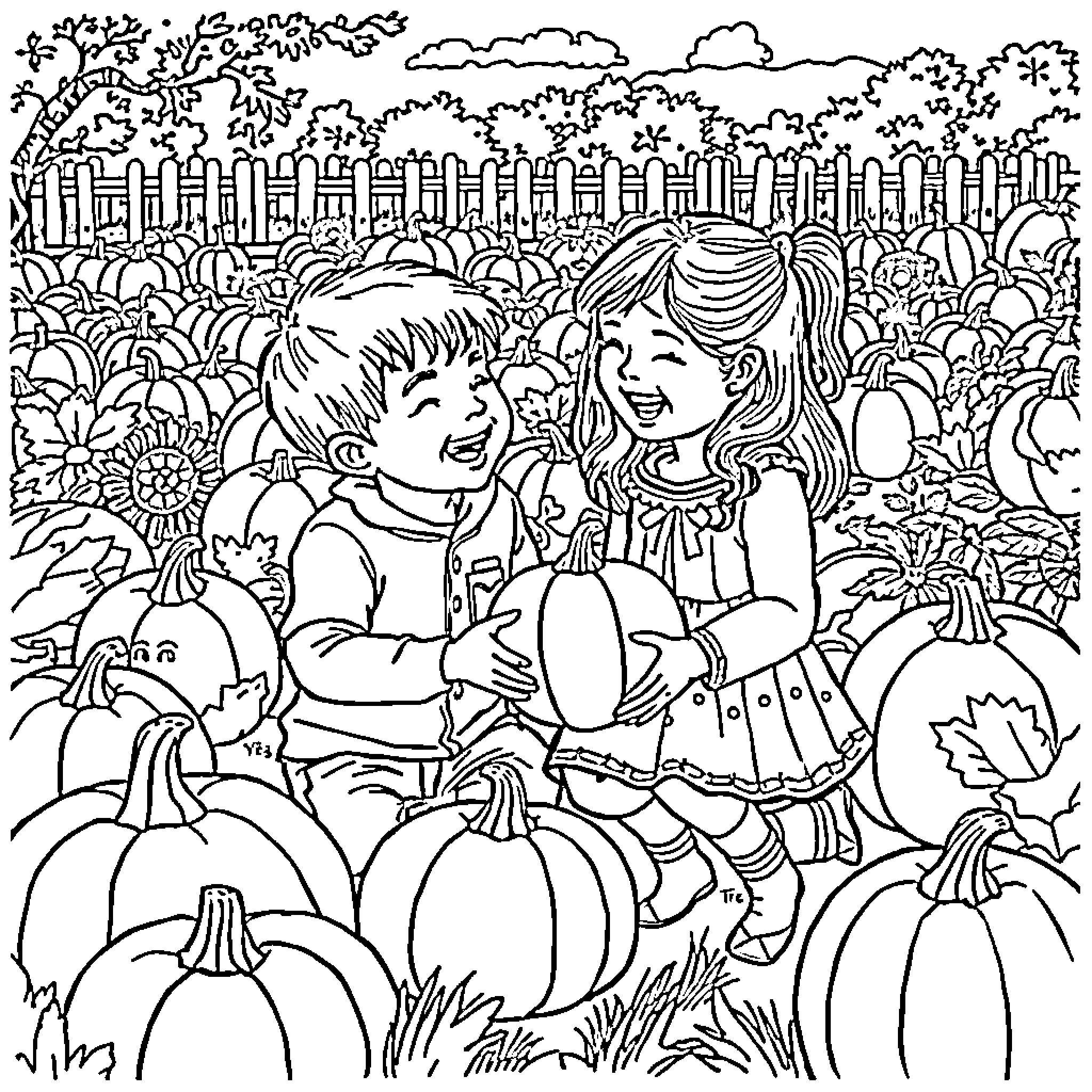 Child playing with friend in pumpkin patch Coloring Page (free black-and-white line drawing printable PDF for all, from beginners to advanced learners, including children, teens, adults, and seniors)