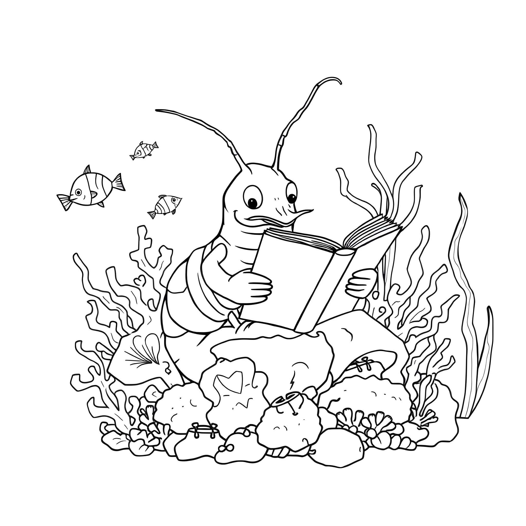 Shrimp reading underwater with sea creatures Coloring Page (free black-and-white line drawing printable PDF for all, from beginners to advanced learners, including children, teens, adults, and seniors)