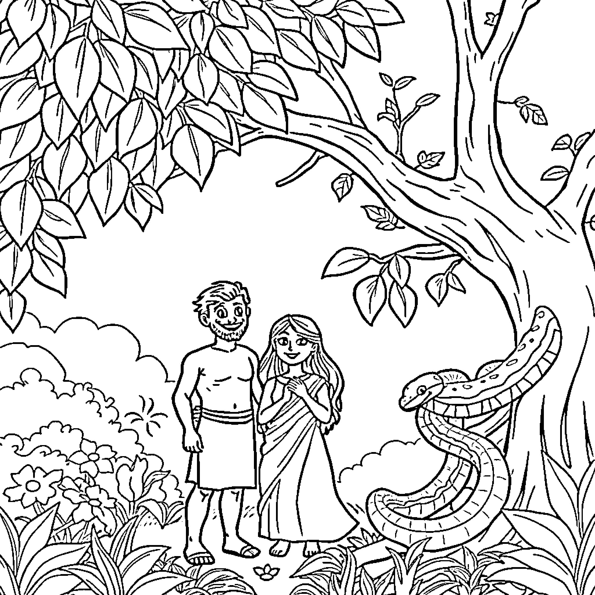 Adam and Eve in the Garden of Eden Coloring Page (free black-and-white line drawing printable PDF for all, from beginners to advanced learners, including children, teens, adults, and seniors)