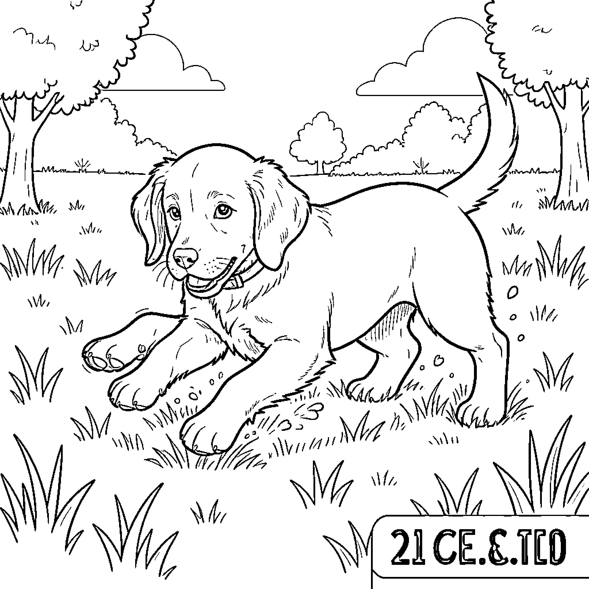German Pointer puppy running through a grassy field Coloring Page (free black-and-white line drawing printable PDF for all, from beginners to advanced learners, including children, teens, adults, and seniors)