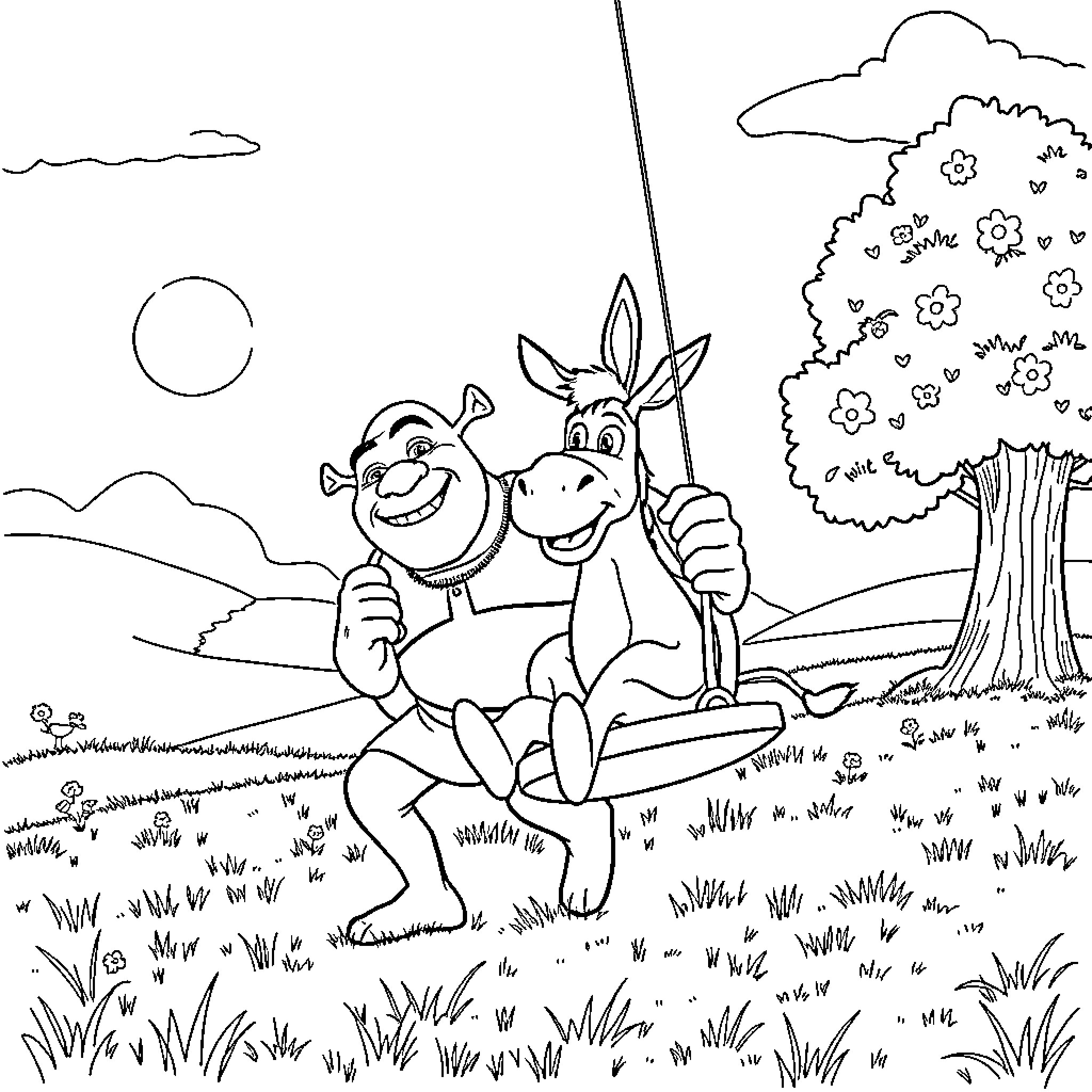 Shrek and Donkey enjoying outdoor adventure Coloring Page (free black-and-white line drawing printable PDF for all, from beginners to advanced learners, including children, teens, adults, and seniors)