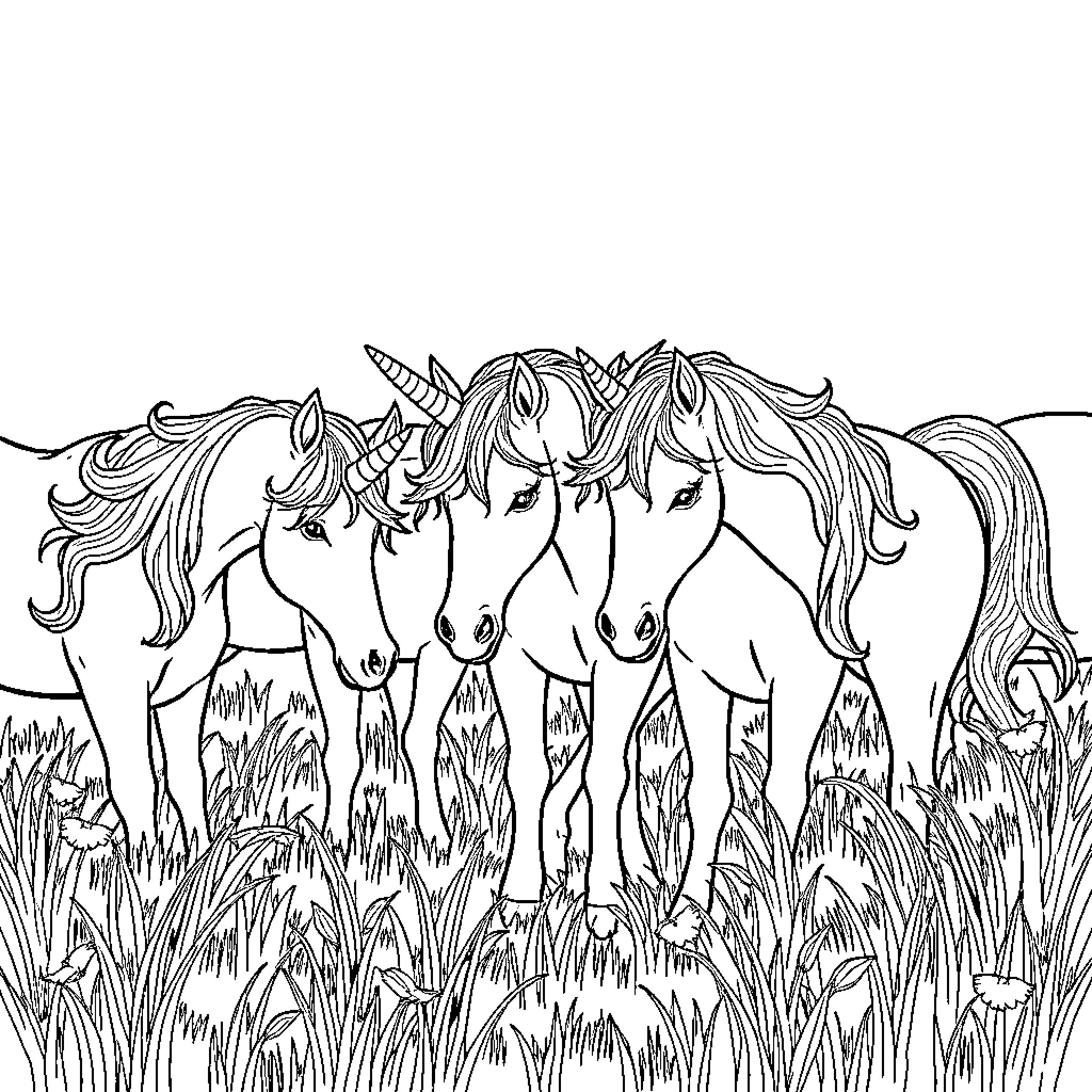 Unicorn herd galloping through the meadow Coloring Page (free black-and-white line drawing printable PDF for all, from beginners to advanced learners, including children, teens, adults, and seniors)