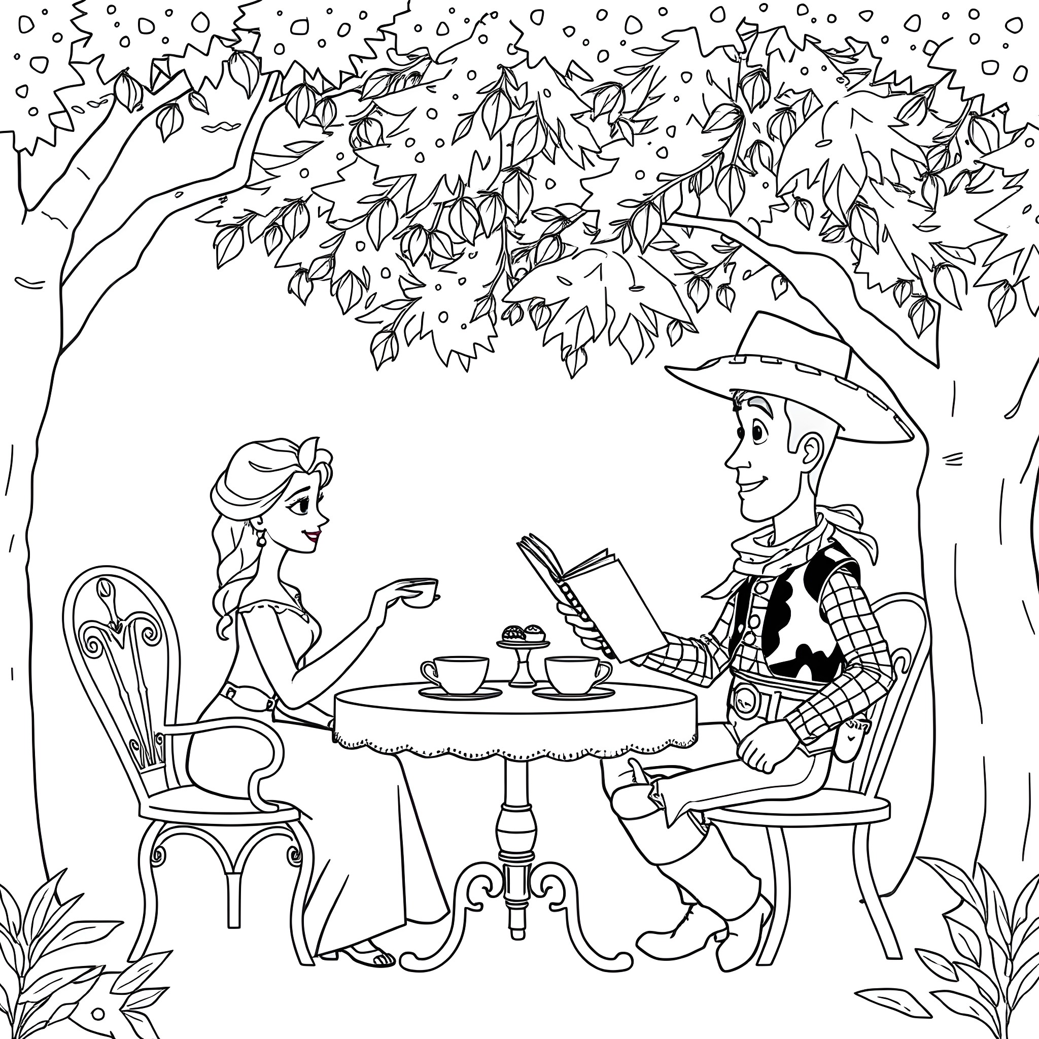 Elsa enjoys a picnic with a cowboy in a snowy forest Coloring Page (free black-and-white line drawing printable PDF for all, from beginners to advanced learners, including children, teens, adults, and seniors)