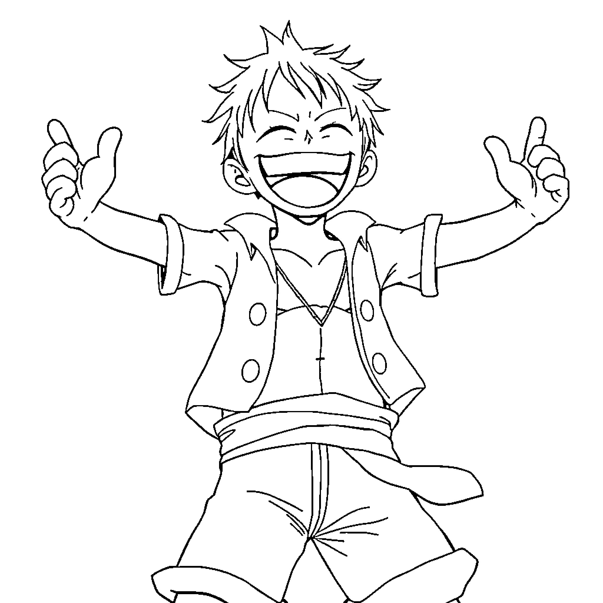 Monkey D Luffy celebrating joyfully Coloring Page (free black-and-white line drawing printable PDF for all, from beginners to advanced learners, including children, teens, adults, and seniors)