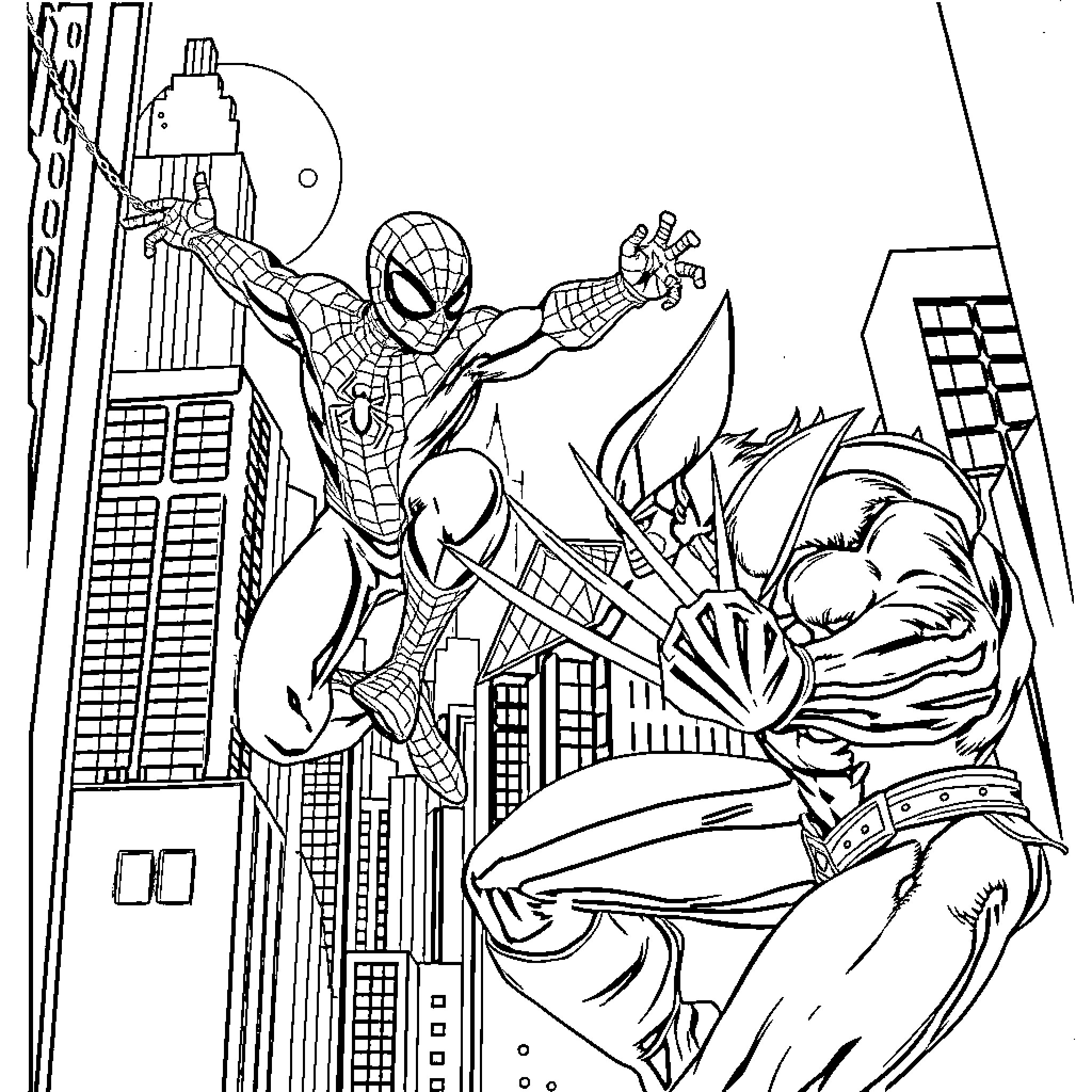 Spider-Man battling villains in the city Coloring Page (free black-and-white line drawing printable PDF for all, from beginners to advanced learners, including children, teens, adults, and seniors)