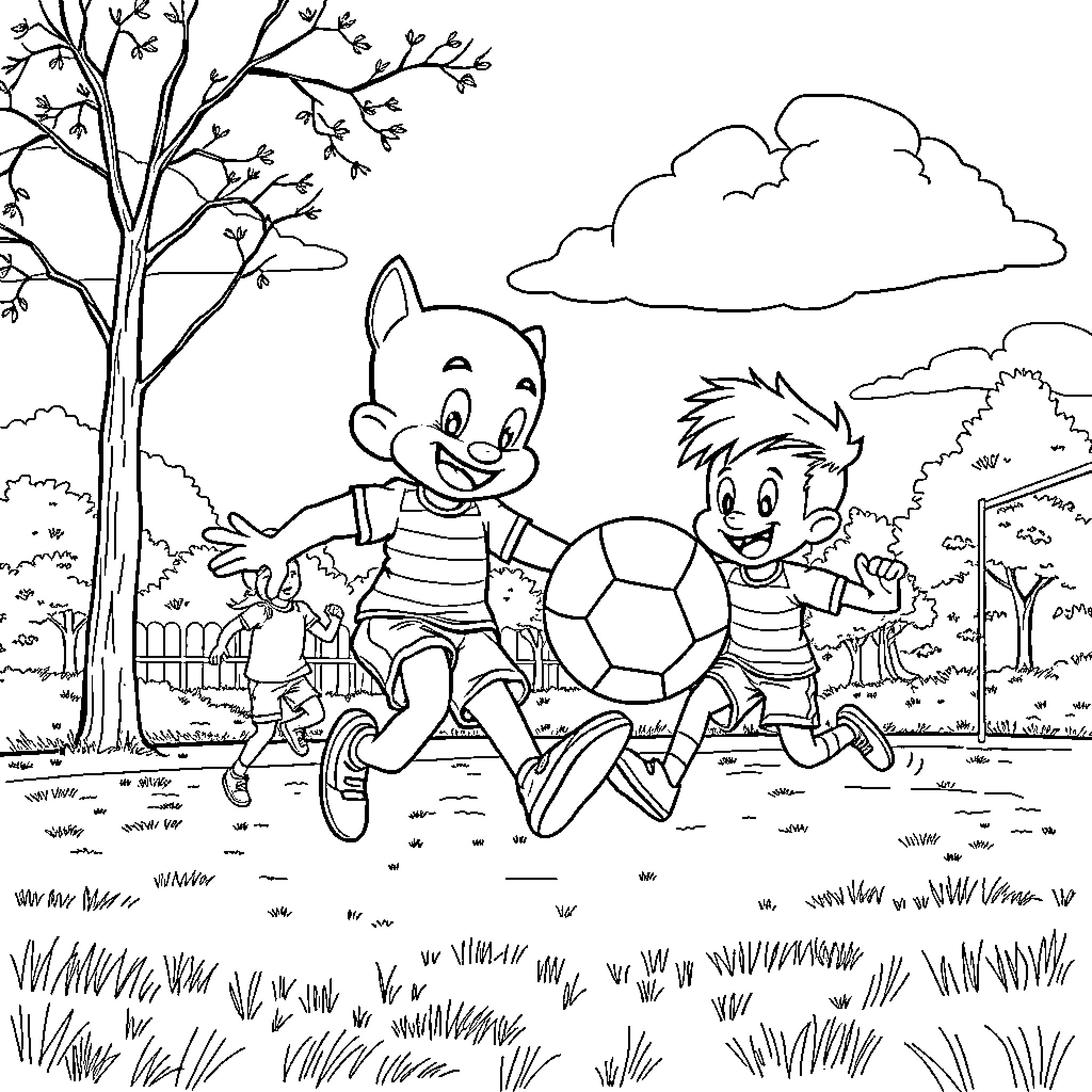 Bluey and friends playing soccer in the park Coloring Page (free black-and-white line drawing printable PDF for all, from beginners to advanced learners, including children, teens, adults, and seniors)