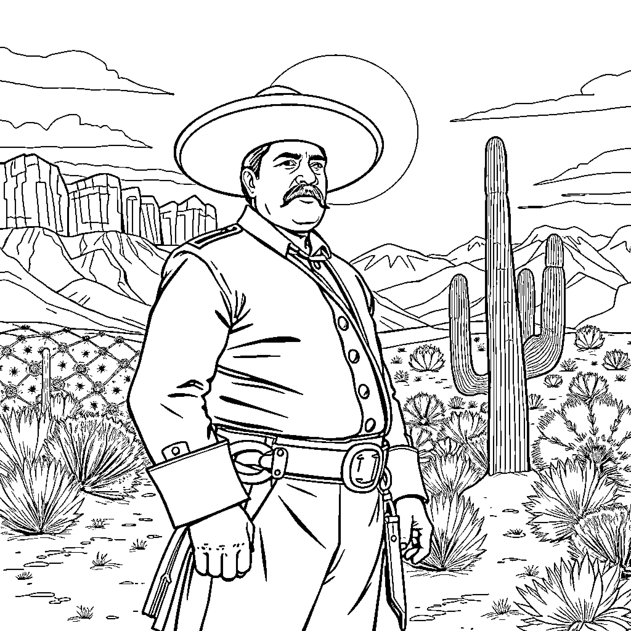 Emiliano Zapata standing proud in the desert landscape Coloring Page (free black-and-white line drawing printable PDF for all, from beginners to advanced learners, including children, teens, adults, and seniors)