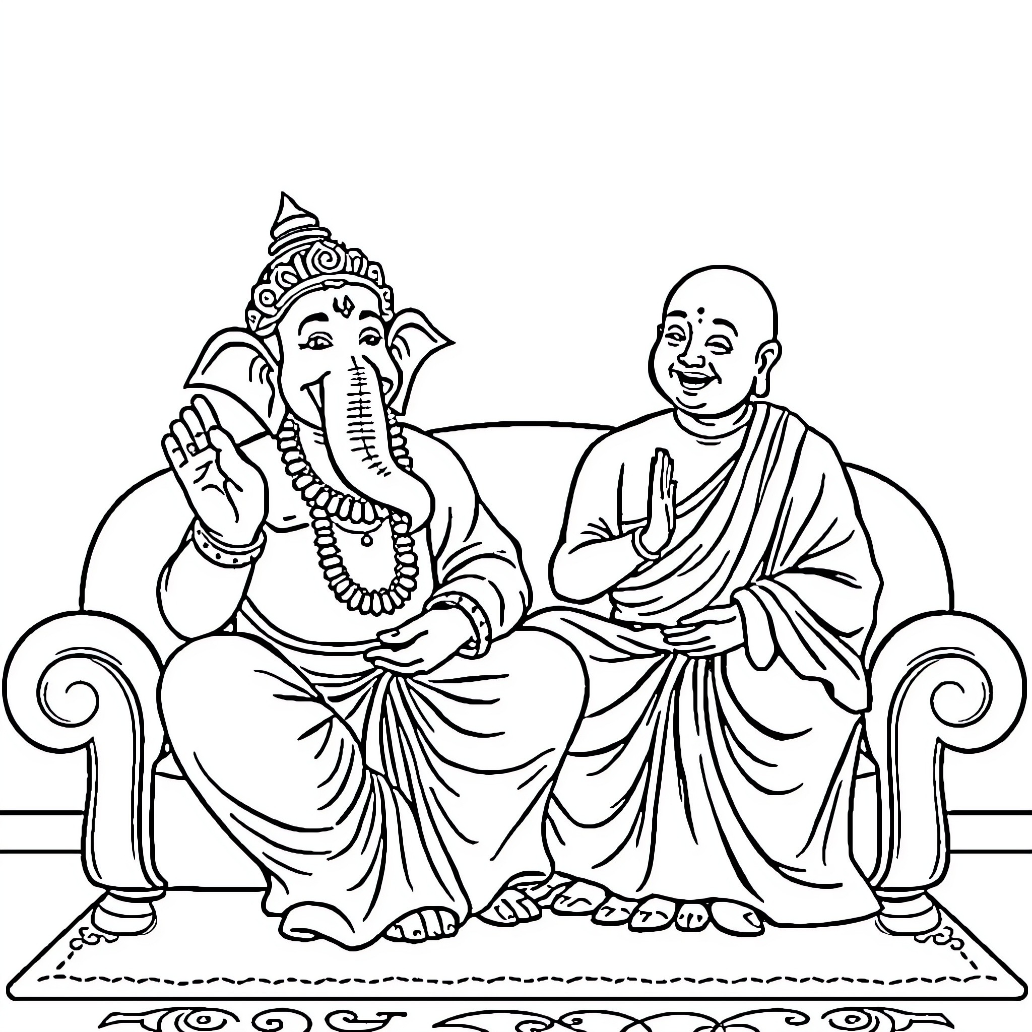Ganesha and a sage seated on thrones Coloring Page (free black-and-white line drawing printable PDF for all, from beginners to advanced learners, including children, teens, adults, and seniors)