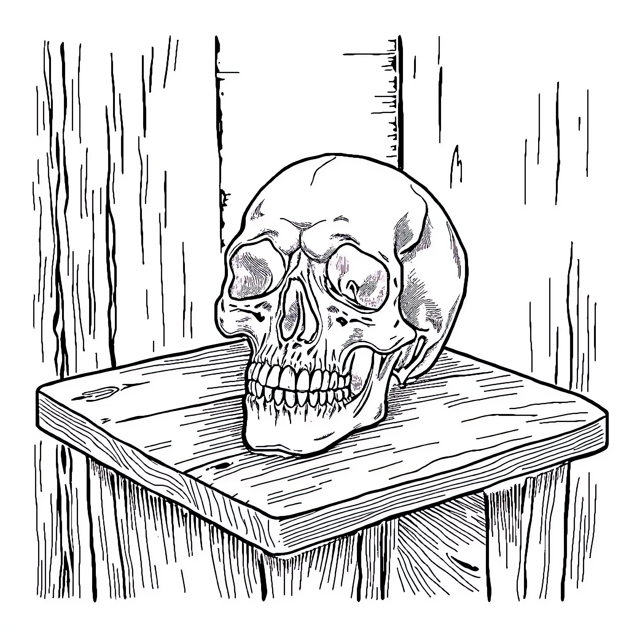 Skull resting on a wooden surface Coloring Page (free black-and-white line drawing printable PDF for all, from beginners to advanced learners, including children, teens, adults, and seniors)