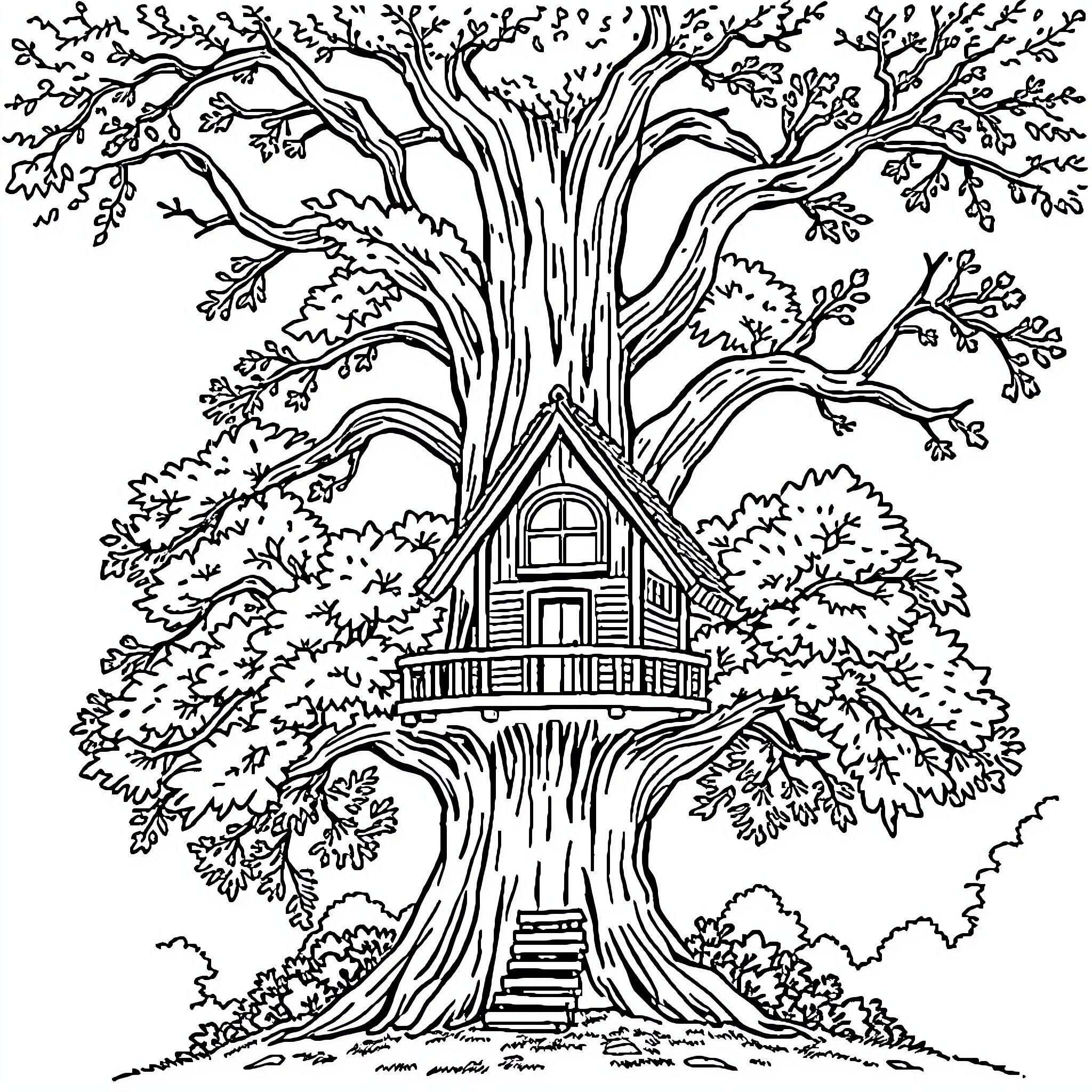 Tree House Amid Lush Foliage and Branches Coloring Page (free black-and-white line drawing printable PDF for all, from beginners to advanced learners, including children, teens, adults, and seniors)