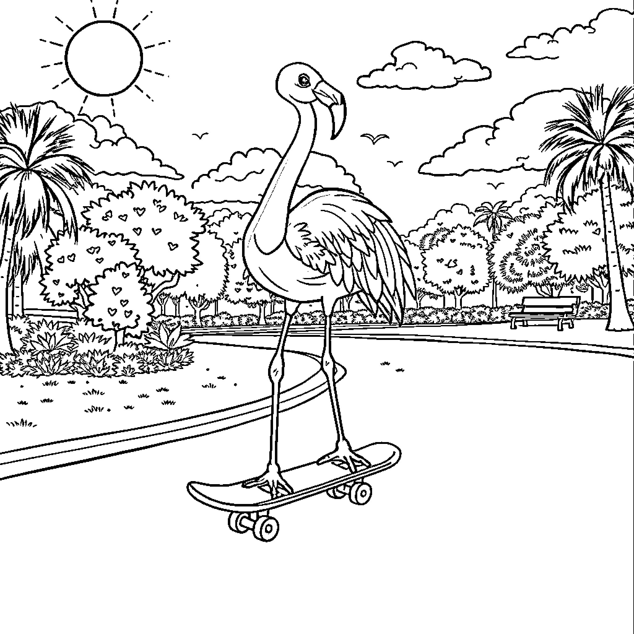 Flamingo riding a skateboard through a tropical scene Coloring Page (free black-and-white line drawing printable PDF for all, from beginners to advanced learners, including children, teens, adults, and seniors)