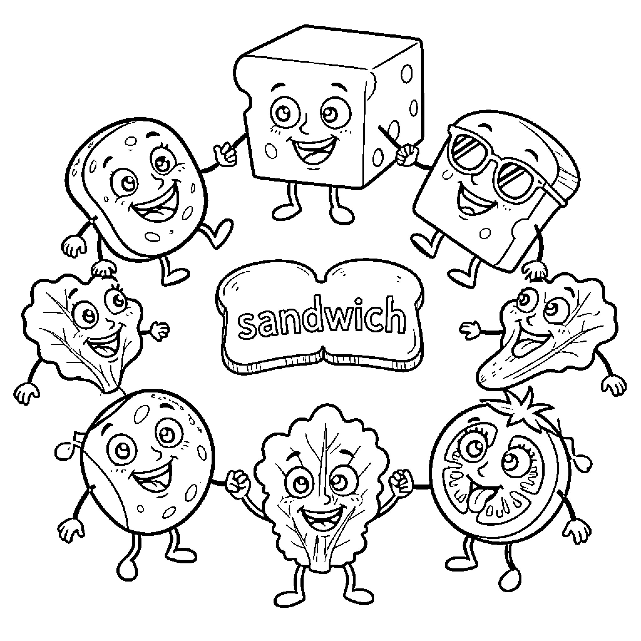 Food items playing and interacting happily Coloring Page (free black-and-white line drawing printable PDF for all, from beginners to advanced learners, including children, teens, adults, and seniors)