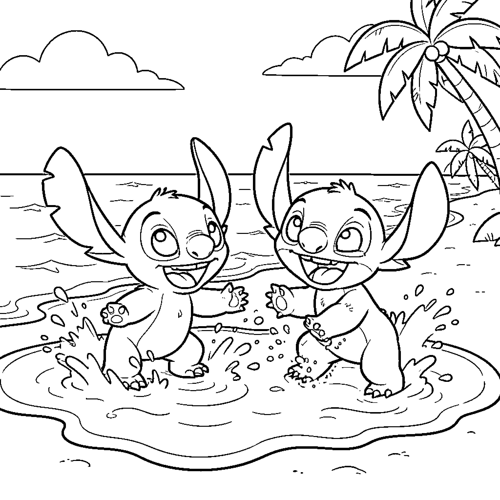 Lilo characters Stitch playing happily in the ocean waves Coloring Page (free black-and-white line drawing printable PDF for all, from beginners to advanced learners, including children, teens, adults, and seniors)