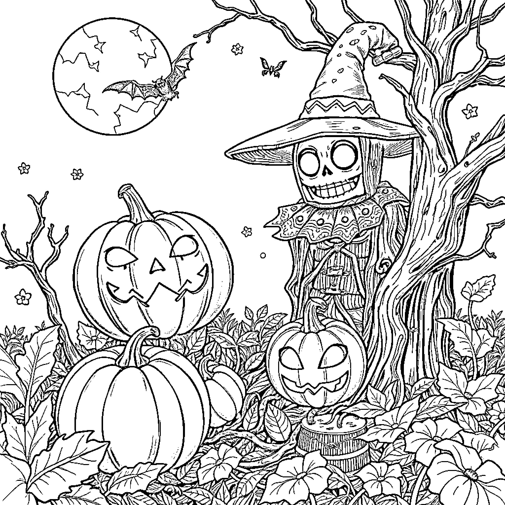 Halloween spooky scene with jack-o-lanterns and scarecrow Coloring Page (free black-and-white line drawing printable PDF for all, from beginners to advanced learners, including children, teens, adults, and seniors)