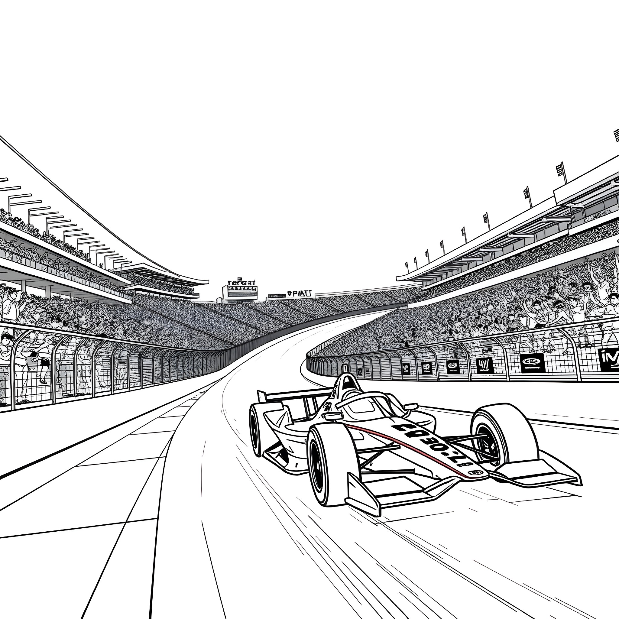 Indycar racing action on the track Coloring Page (free black-and-white line drawing printable PDF for all, from beginners to advanced learners, including children, teens, adults, and seniors)