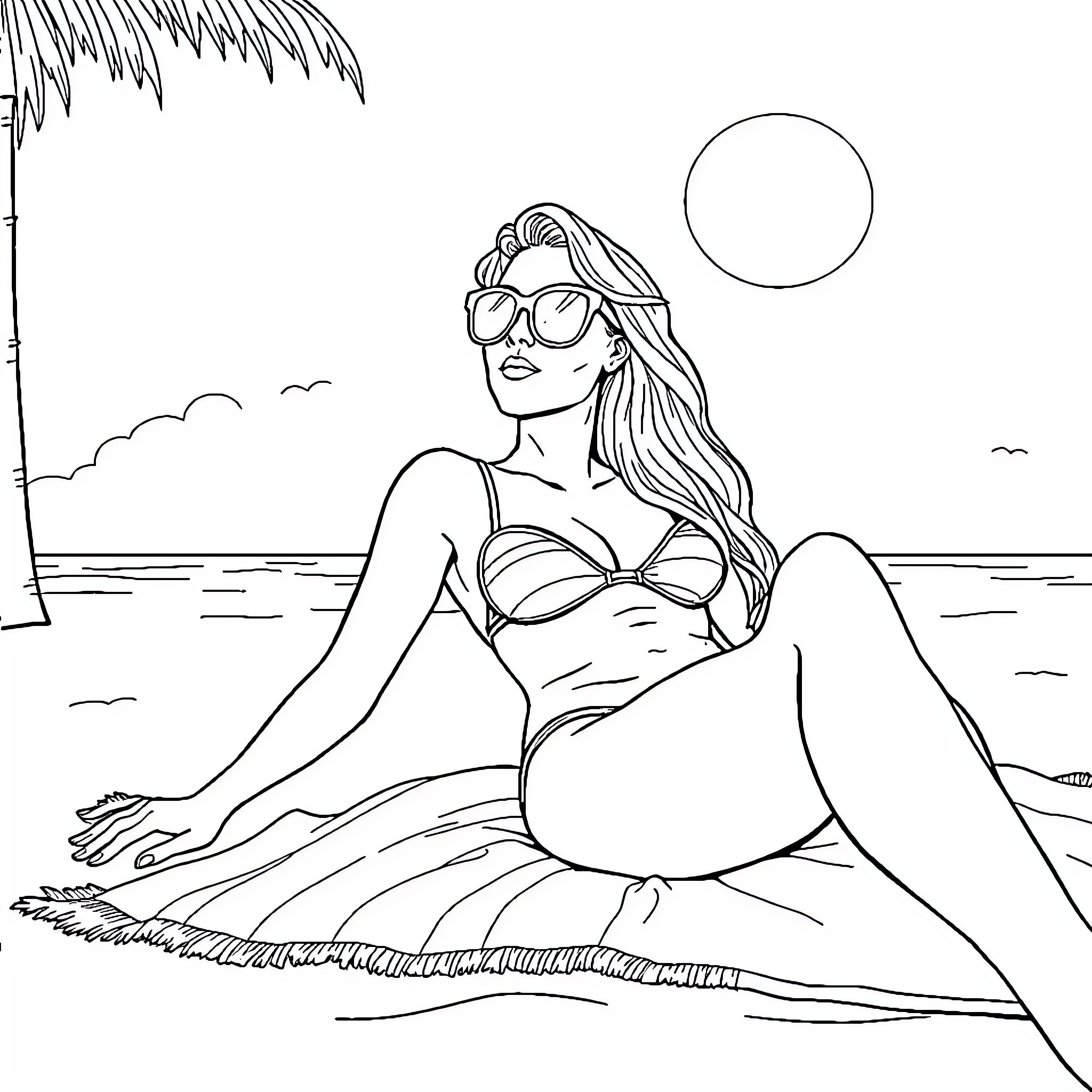 Angela enjoying the sun on the beach Coloring Page (free black-and-white line drawing printable PDF for all, from beginners to advanced learners, including children, teens, adults, and seniors)