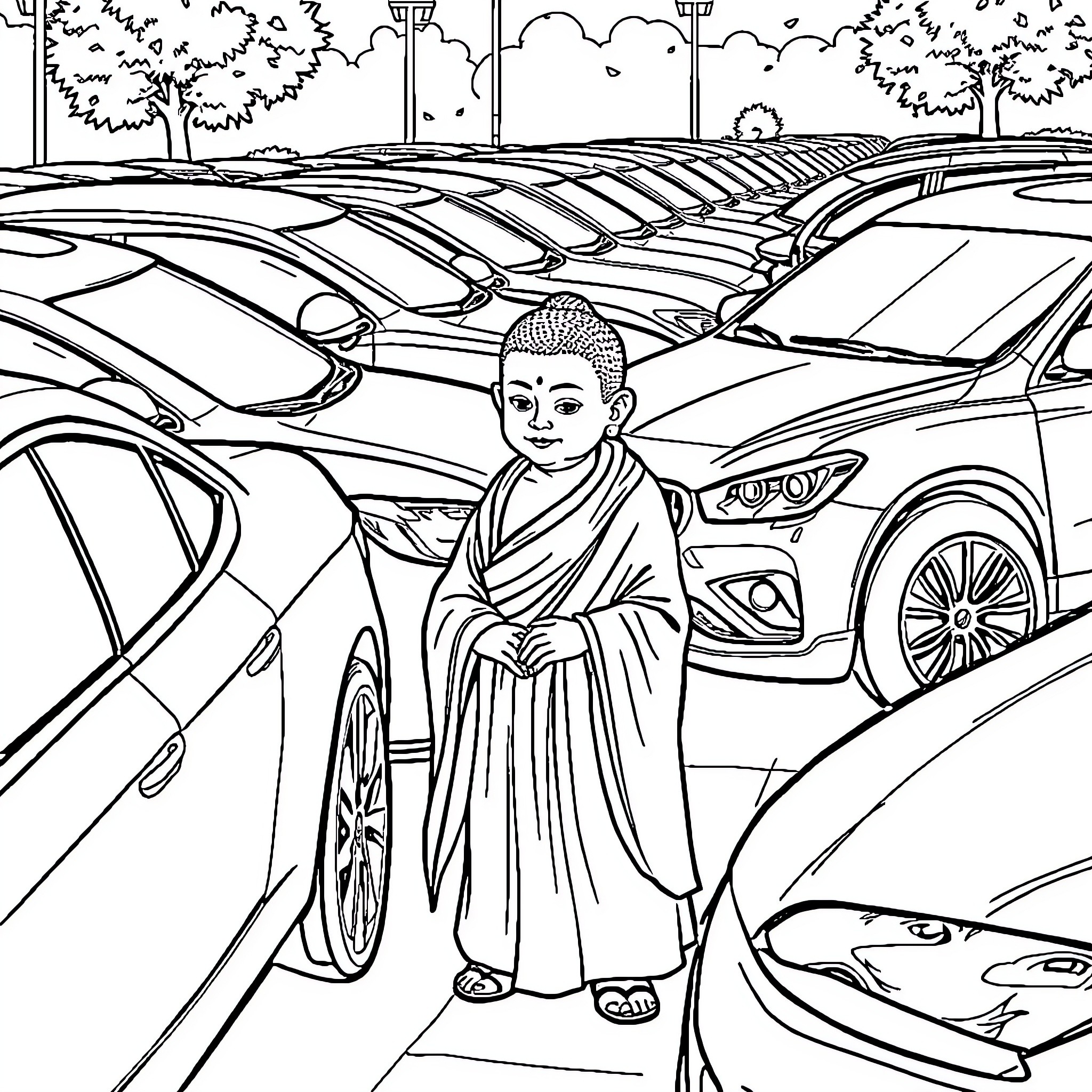Bodhi in a serene urban setting Coloring Page (free black-and-white line drawing printable PDF for all, from beginners to advanced learners, including children, teens, adults, and seniors)
