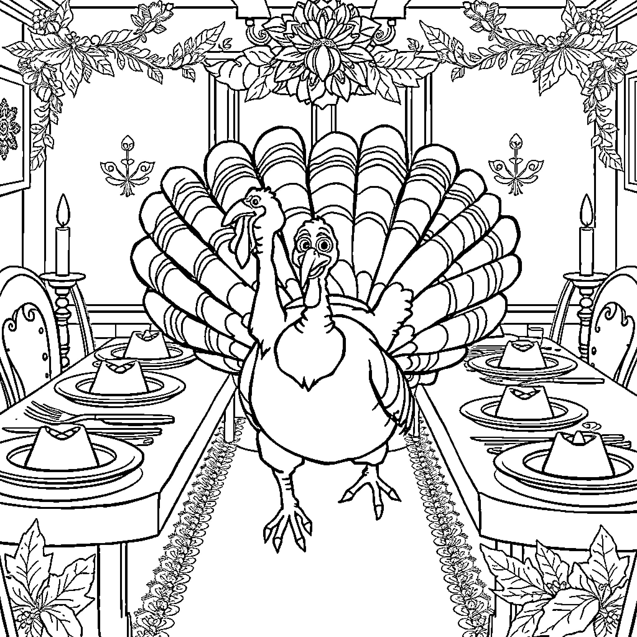 Turkey posing gracefully at the dining table Coloring Page (free black-and-white line drawing printable PDF for all, from beginners to advanced learners, including children, teens, adults, and seniors)