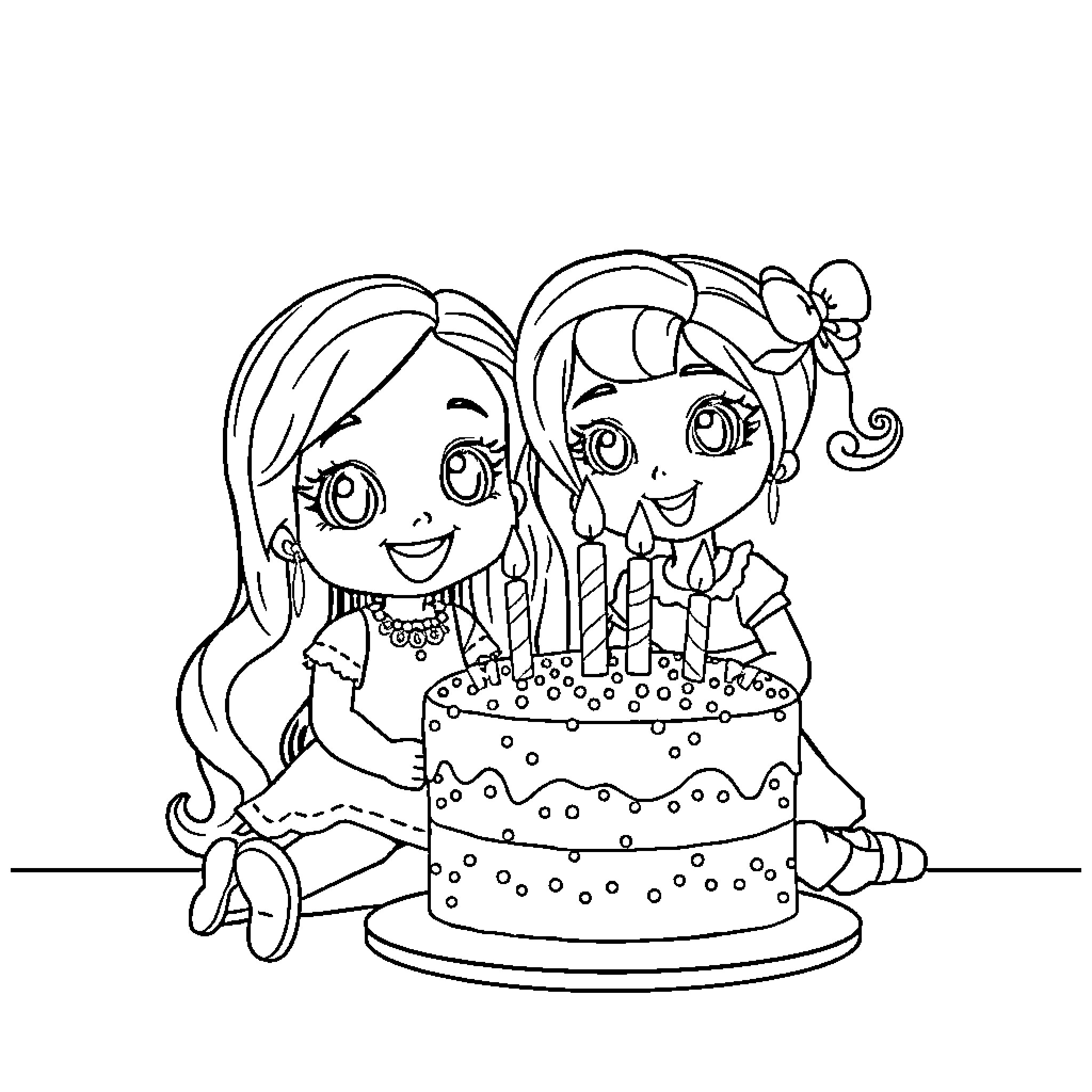 Gabby and friend celebrate with a cake Coloring Page (free black-and-white line drawing printable PDF for all, from beginners to advanced learners, including children, teens, adults, and seniors)