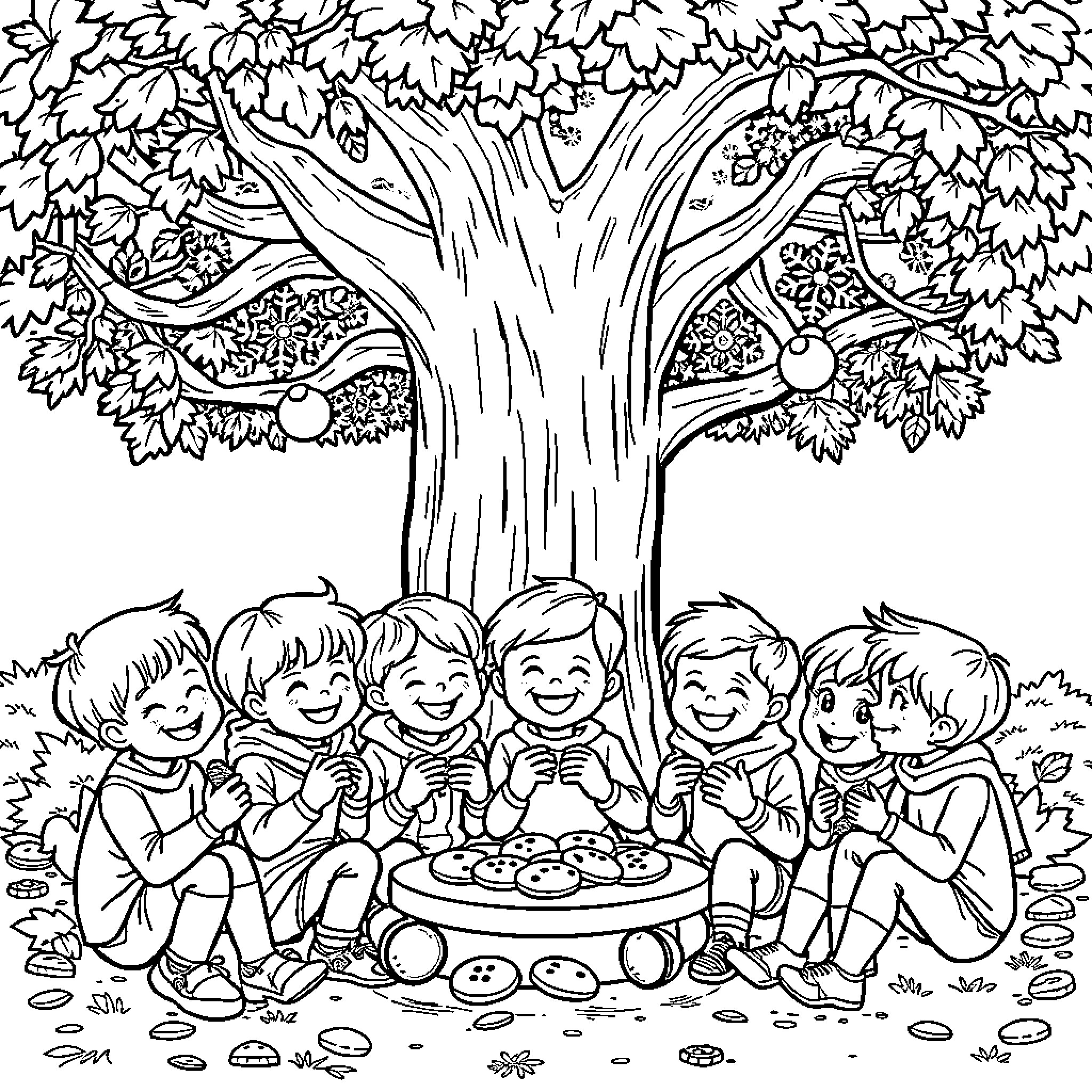 Children enjoying a picnic under a tree Coloring Page (free black-and-white line drawing printable PDF for all, from beginners to advanced learners, including children, teens, adults, and seniors)