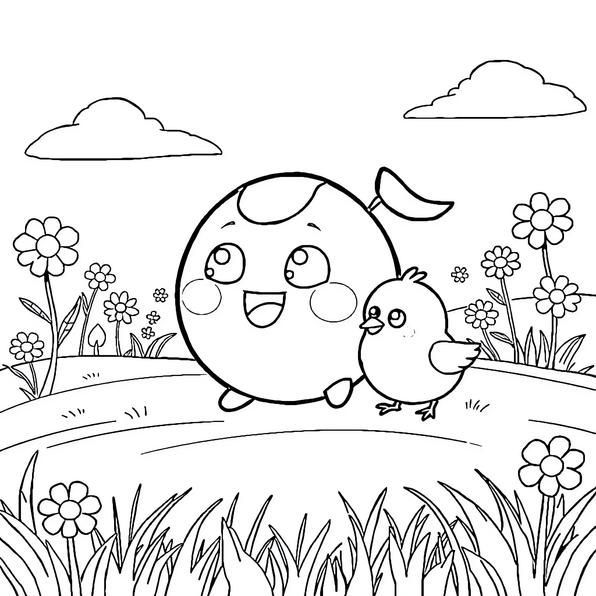 Pou enjoying a sunny day with chicks Coloring Page (free black-and-white line drawing printable PDF for all, from beginners to advanced learners, including children, teens, adults, and seniors)