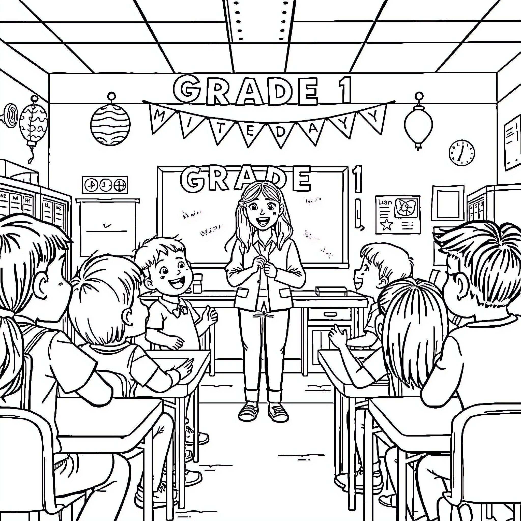 Grade 1 students in a cheerful classroom Coloring Page (free black-and-white line drawing printable PDF for all, from beginners to advanced learners, including children, teens, adults, and seniors)
