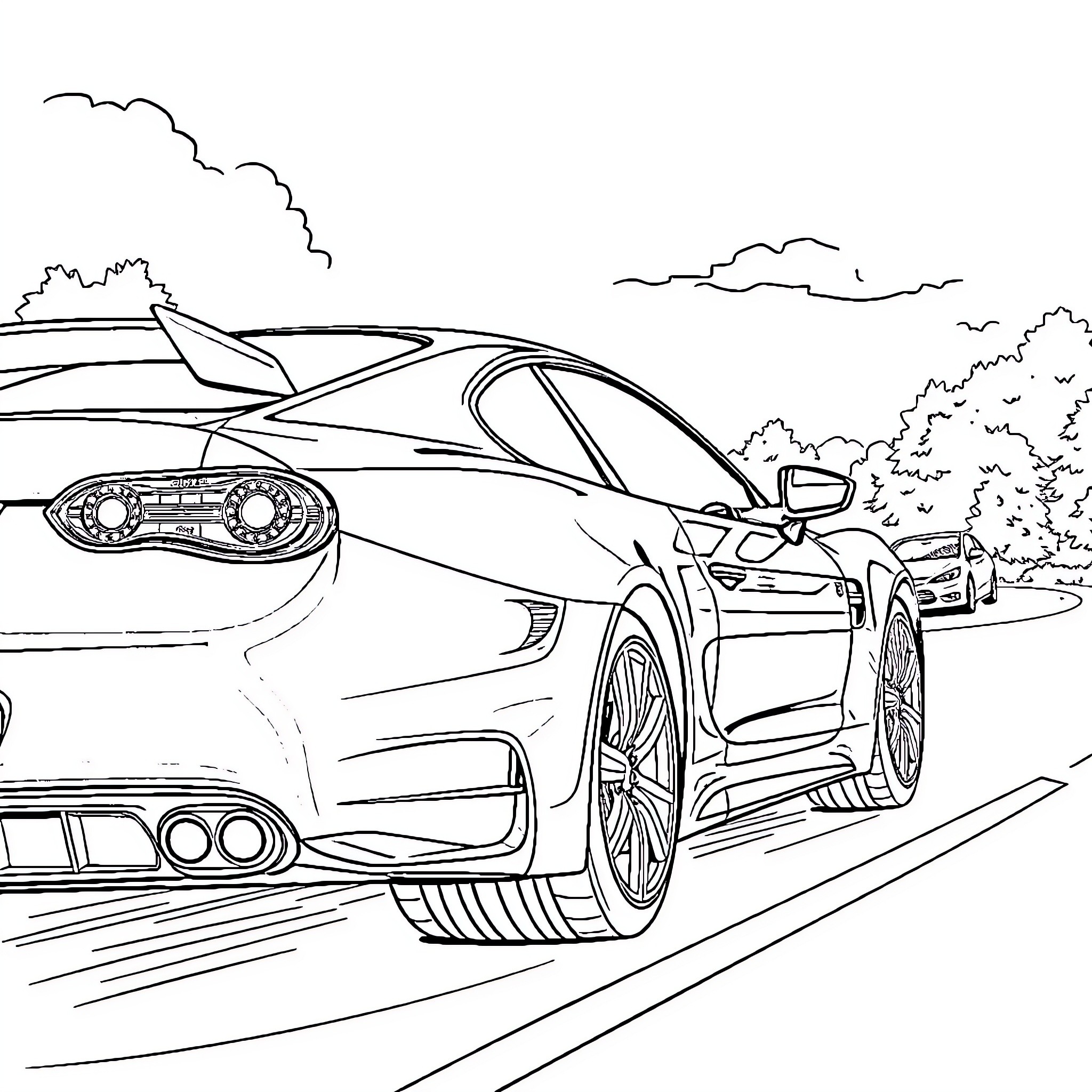 Car racing on winding road through scenic landscape Coloring Page (free black-and-white line drawing printable PDF for all, from beginners to advanced learners, including children, teens, adults, and seniors)