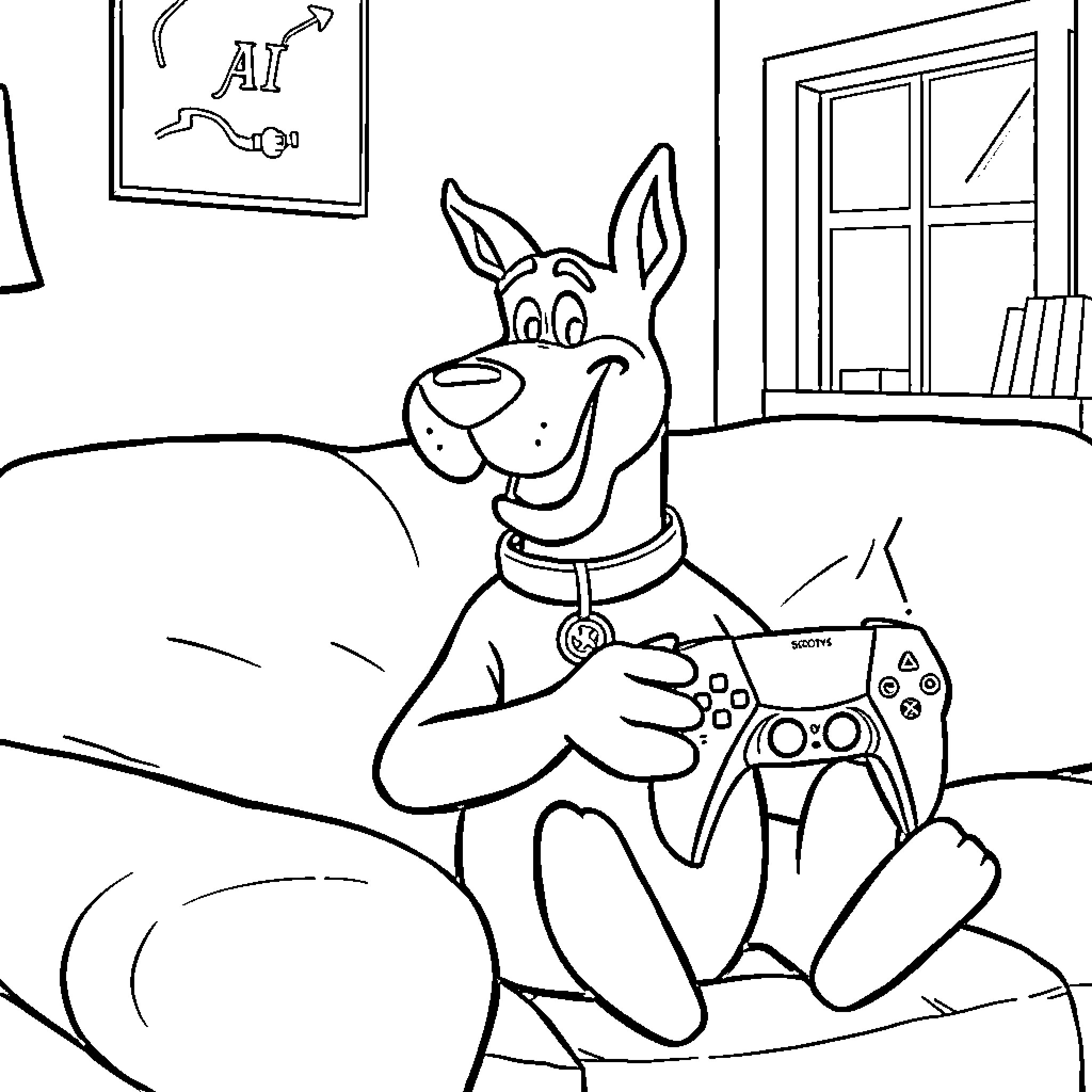 Scooby Doo Playing Video Games at Home Coloring Page (free black-and-white line drawing printable PDF for all, from beginners to advanced learners, including children, teens, adults, and seniors)