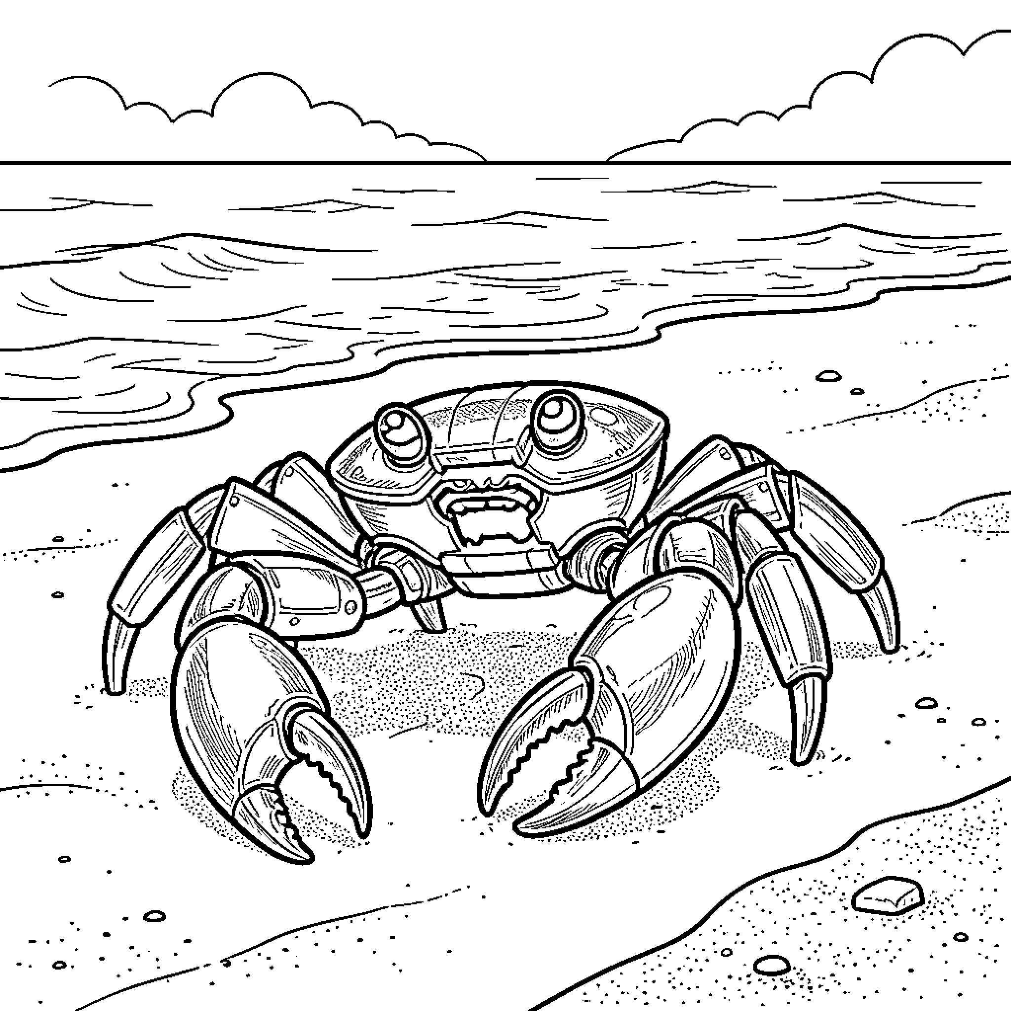 Crab scurrying across the shoreline Coloring Page (free black-and-white line drawing printable PDF for all, from beginners to advanced learners, including children, teens, adults, and seniors)