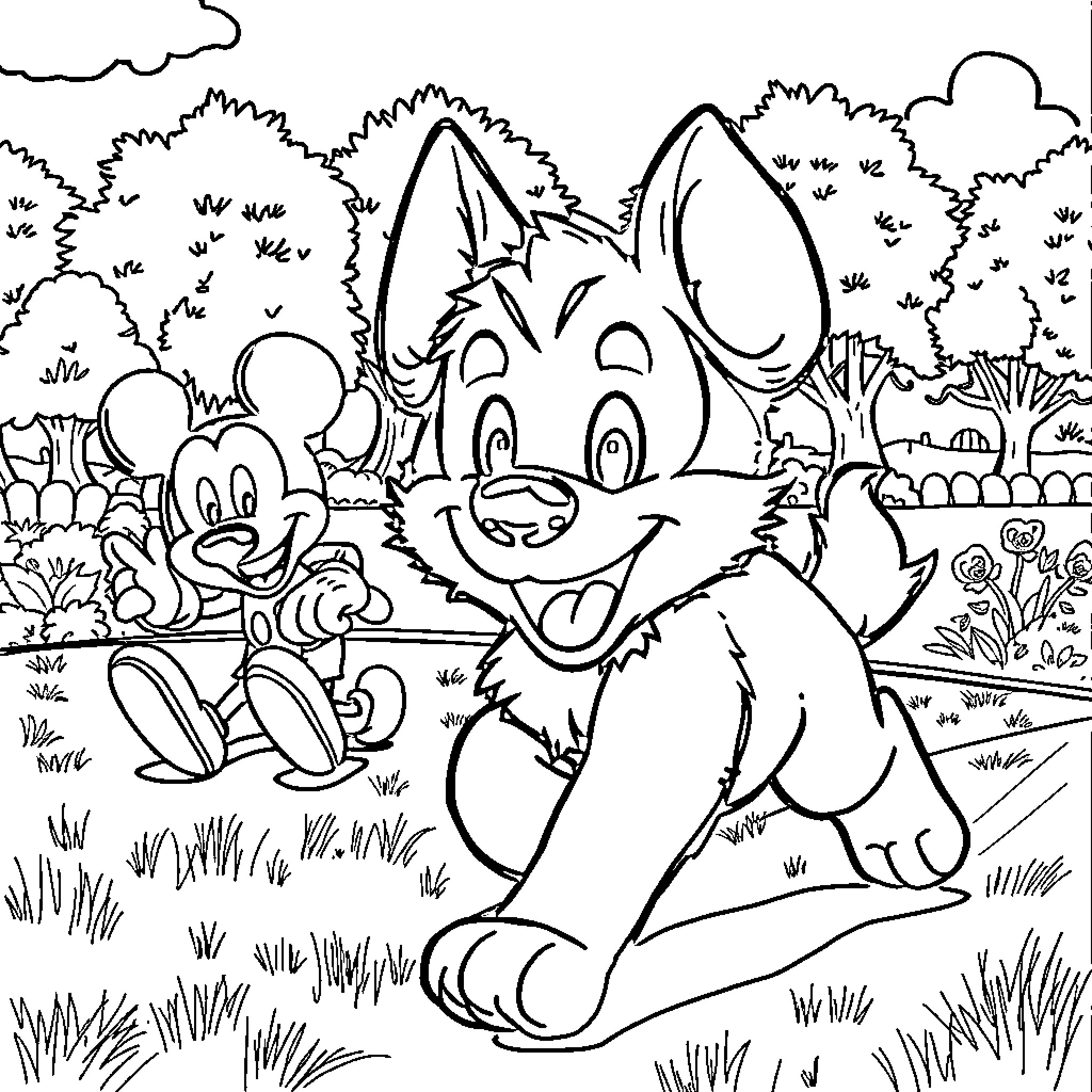 Bluey and Mickey's Outdoor Adventure Coloring Page (free black-and-white line drawing printable PDF for all, from beginners to advanced learners, including children, teens, adults, and seniors)